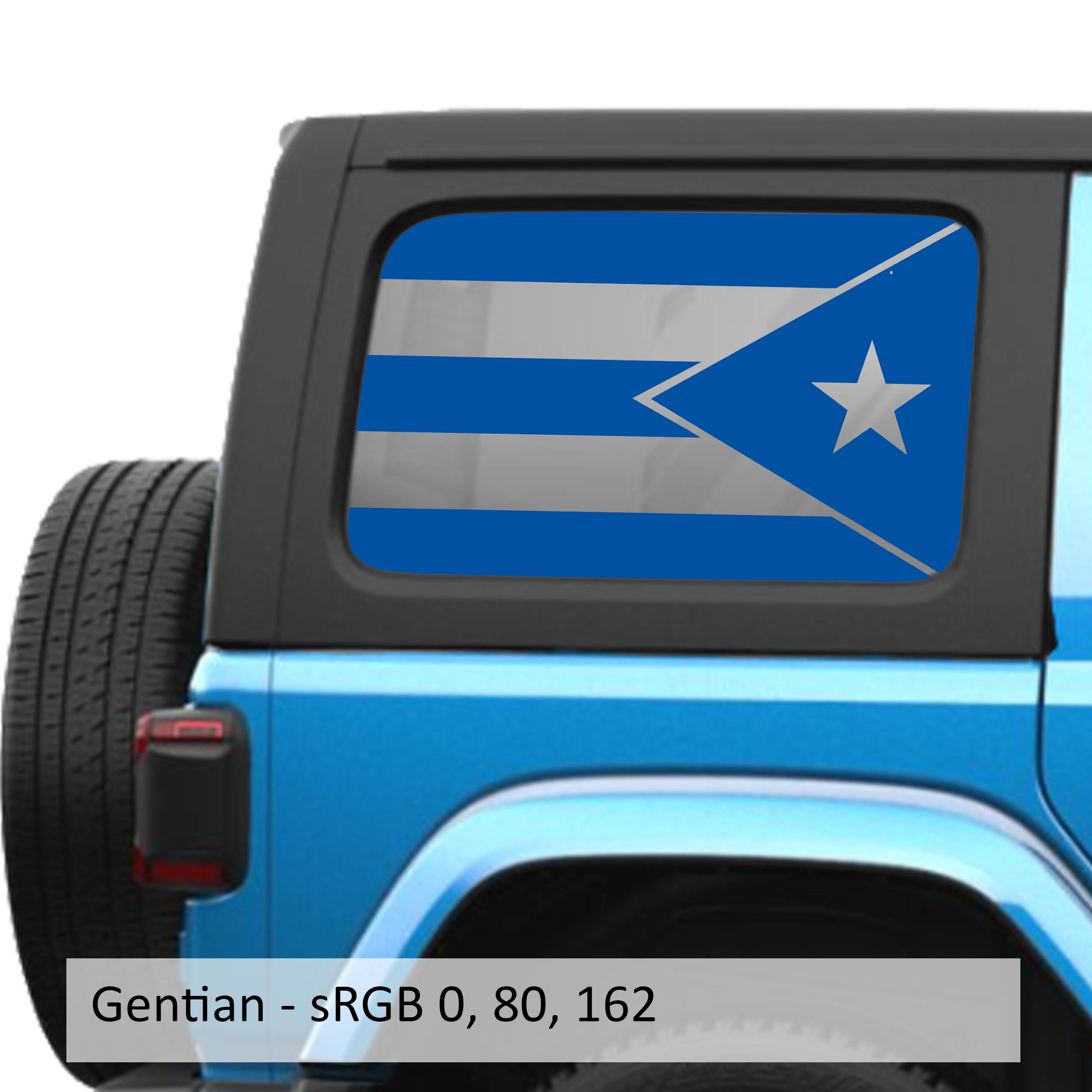 Gentian Blue Puerto Rico flag decal preview on JLU rear quarter window Jeep Wrangler 2018+