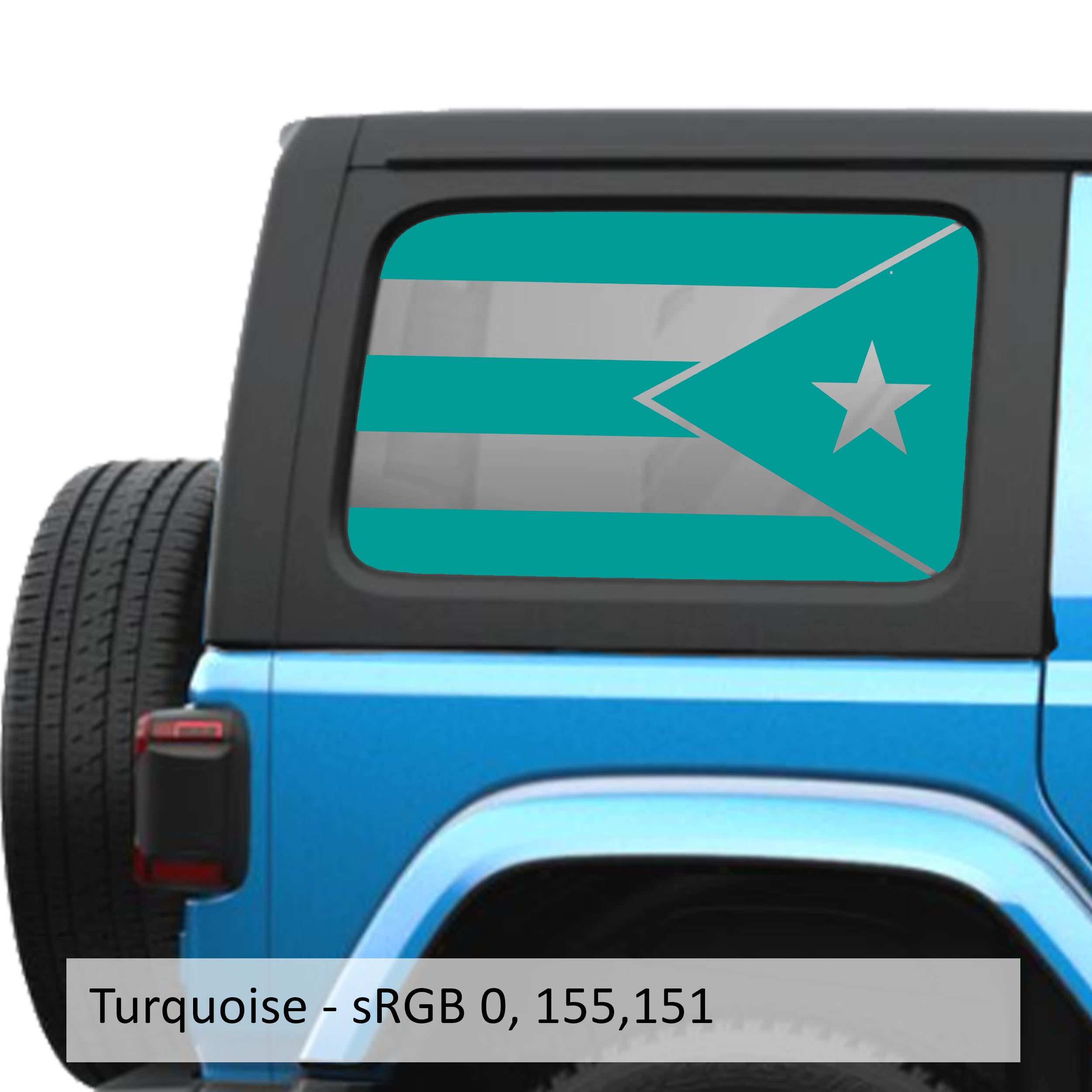 Turquoise Puerto Rico flag decal preview on JLU rear quarter window Jeep Wrangler 2018+