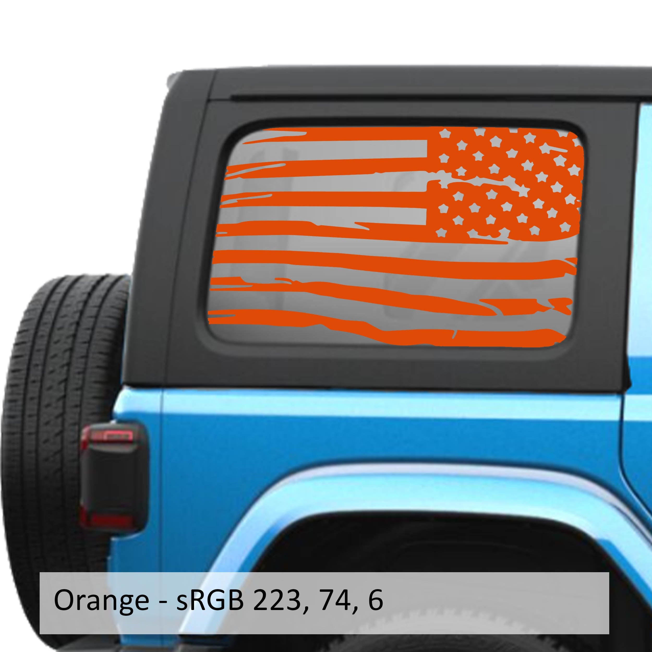 Orange tattered American flag decal preview on JLU rear quarter window Jeep Wrangler 2018+