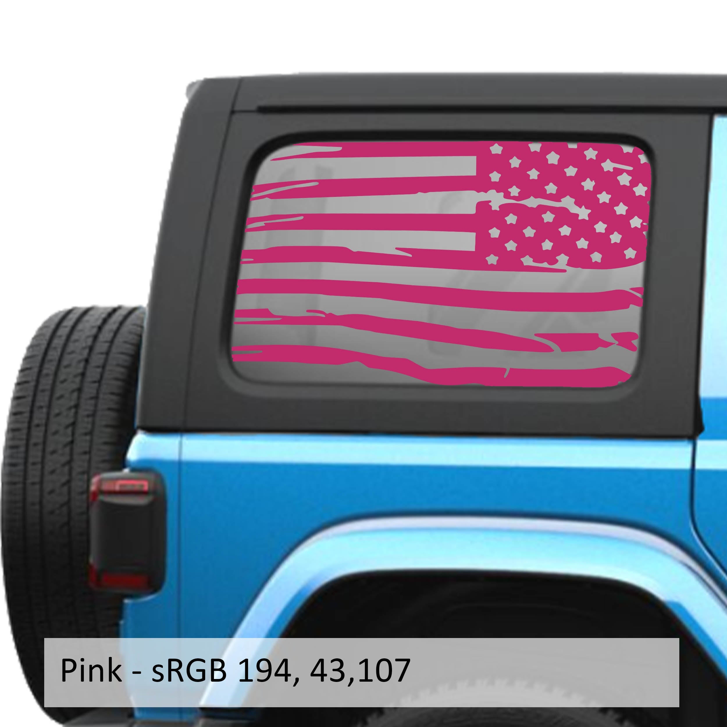 Pink tattered American flag decal preview on JLU rear quarter window Jeep Wrangler 2018+