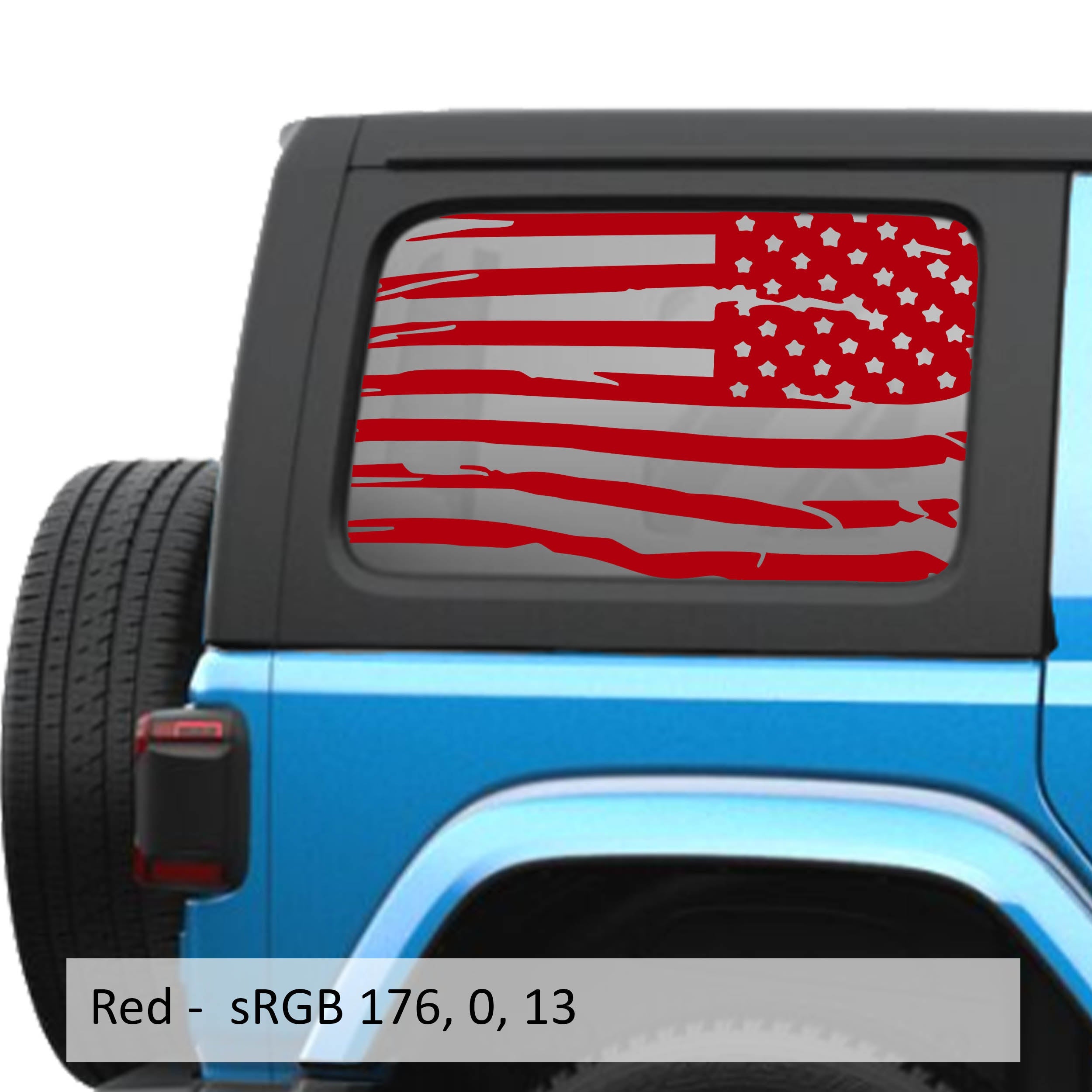 Red tattered American flag decal preview on JLU rear quarter window Jeep Wrangler 2018+