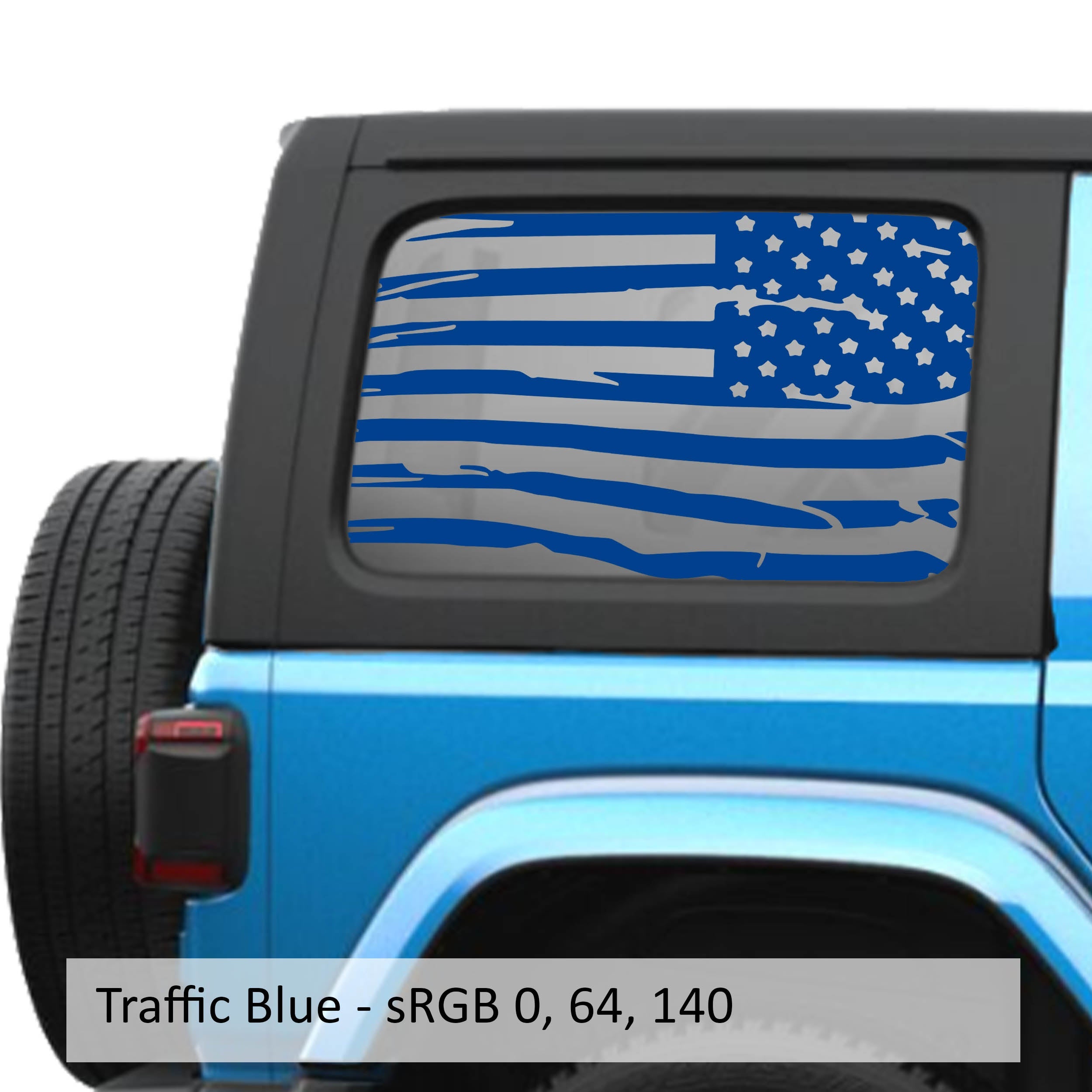 Traffic Blue tattered American flag decal preview on JLU rear quarter window Jeep Wrangler 2018+