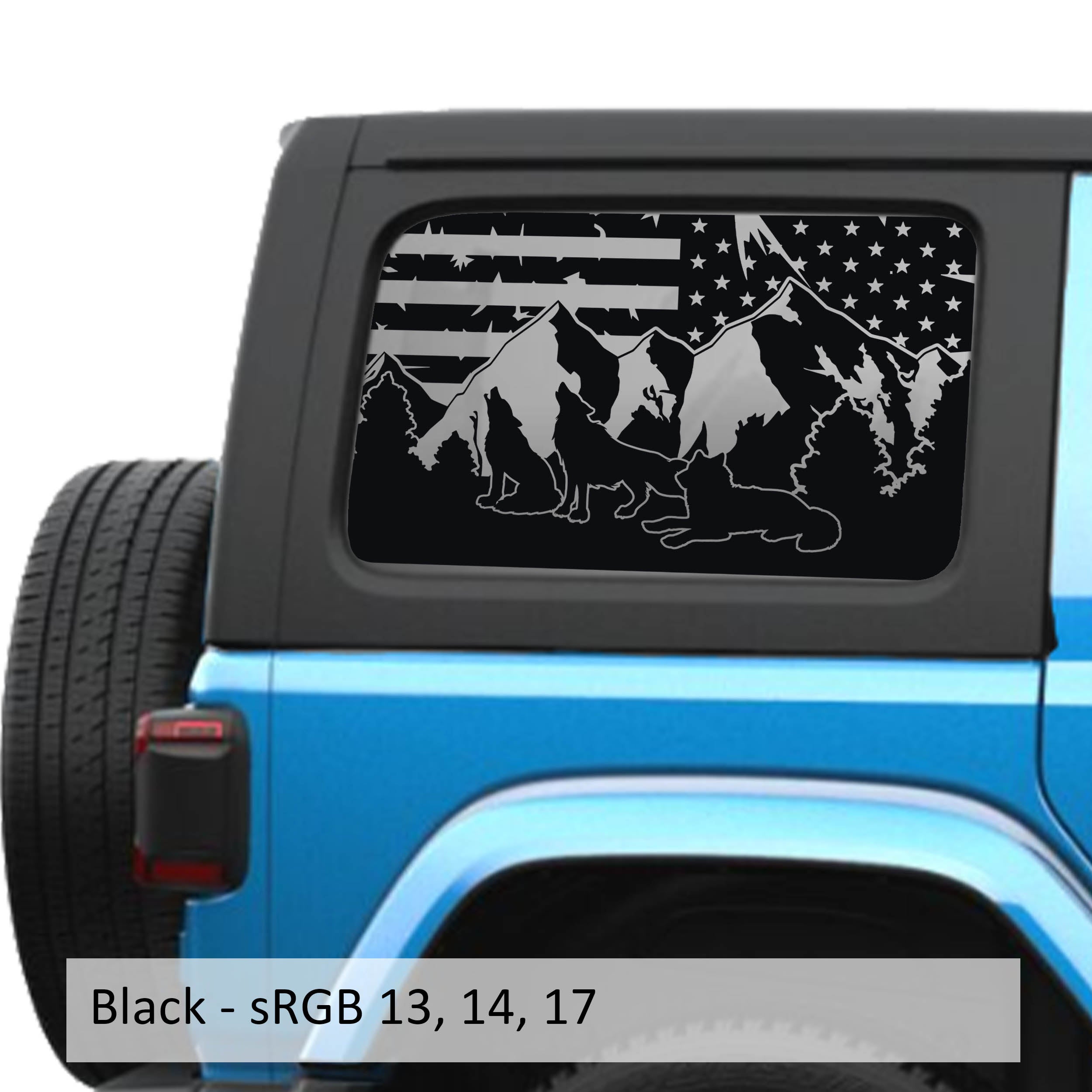 Black Wolf Mountain American flag decal preview on JLU window Jeep Wrangler 2018+