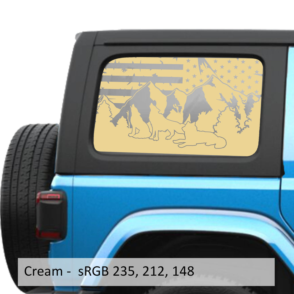 Cream Wolf Mountain American flag decal preview on JLU window Jeep Wrangler 2018+