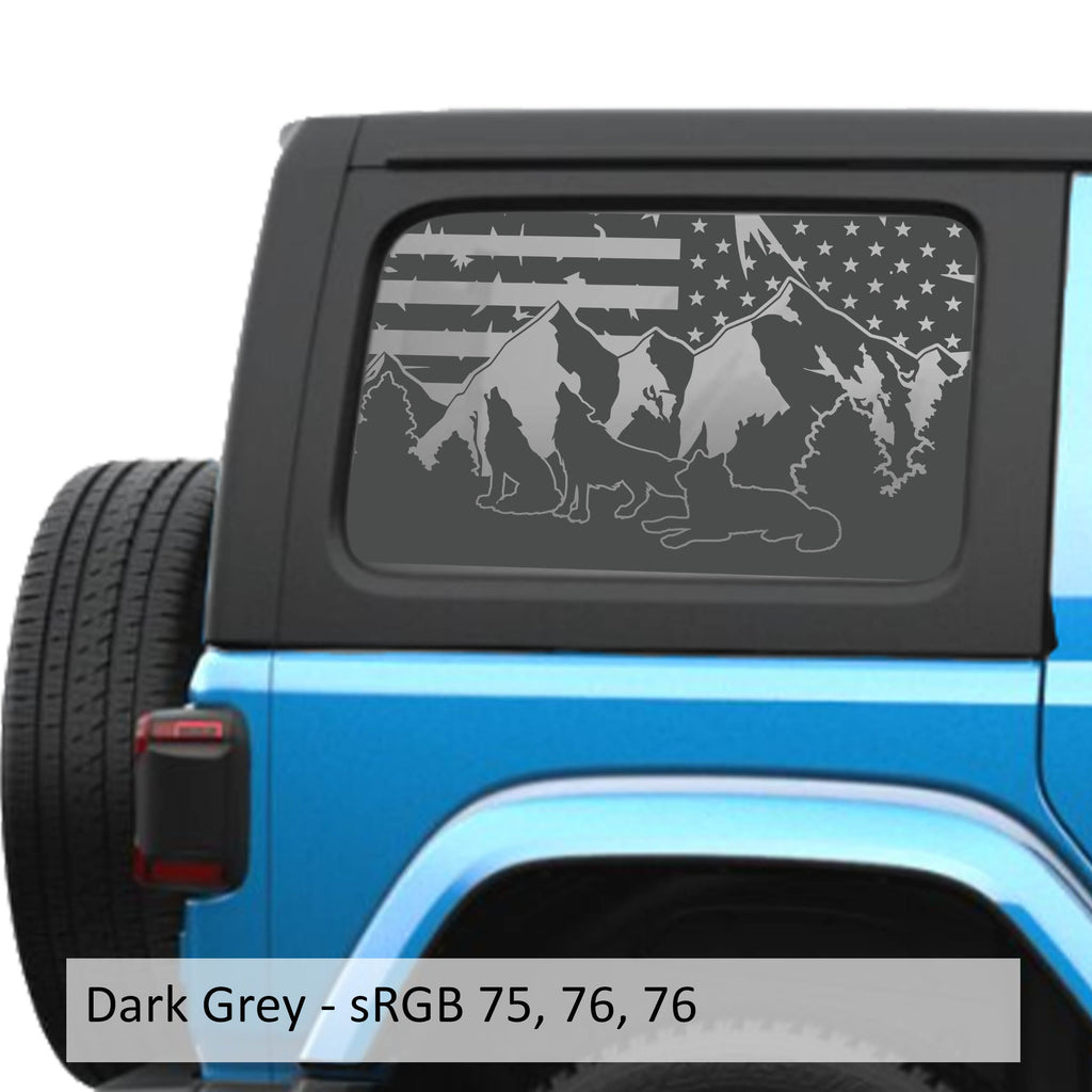 Dark Gray Wolf Mountain American flag decal preview on JLU window Jeep Wrangler 2018+