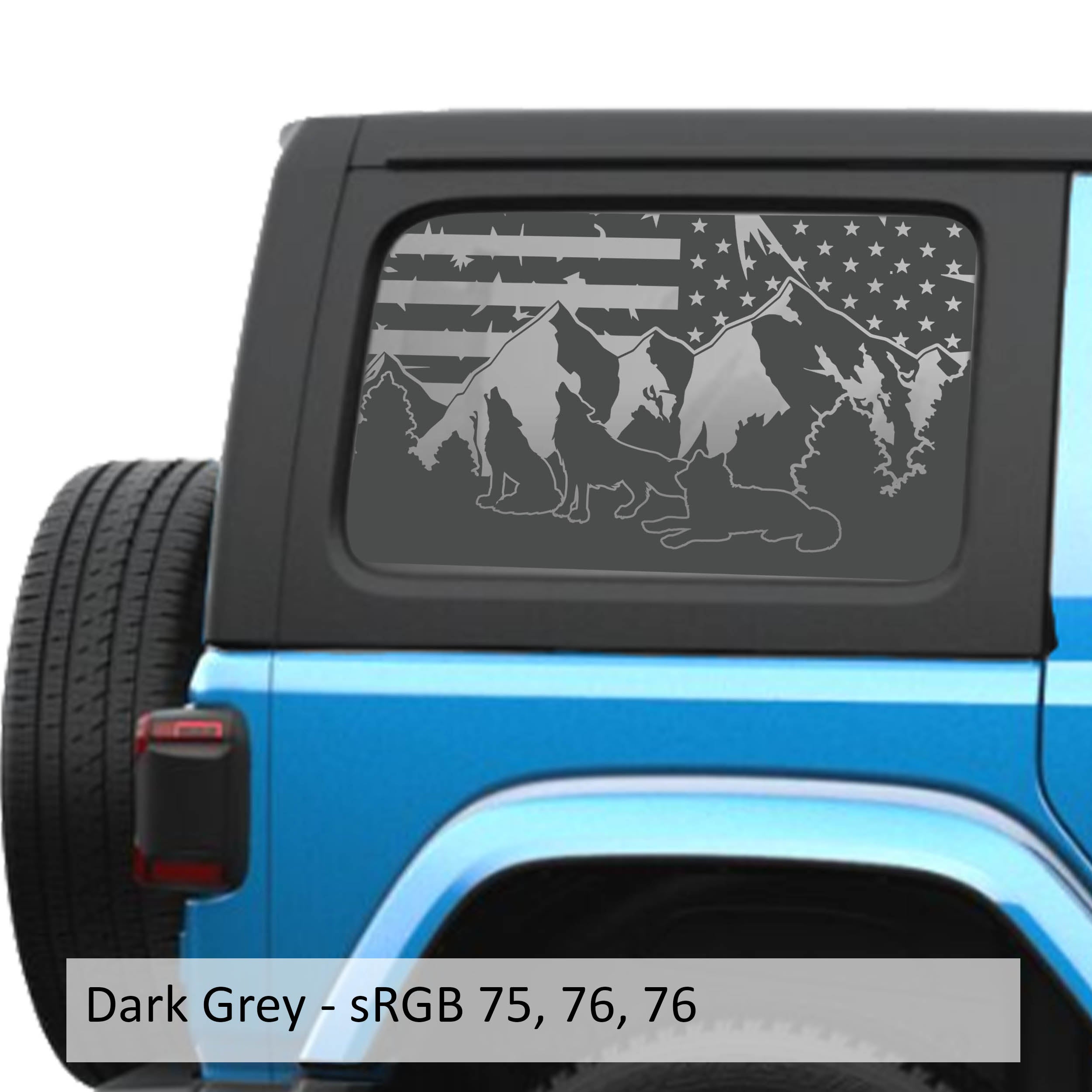 Dark Gray Wolf Mountain American flag decal preview on JLU window Jeep Wrangler 2018+