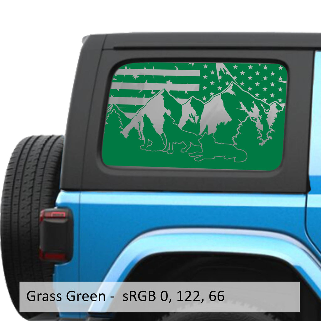 Grass Green Wolf Mountain American flag decal preview on JLU window Jeep Wrangler 2018+
