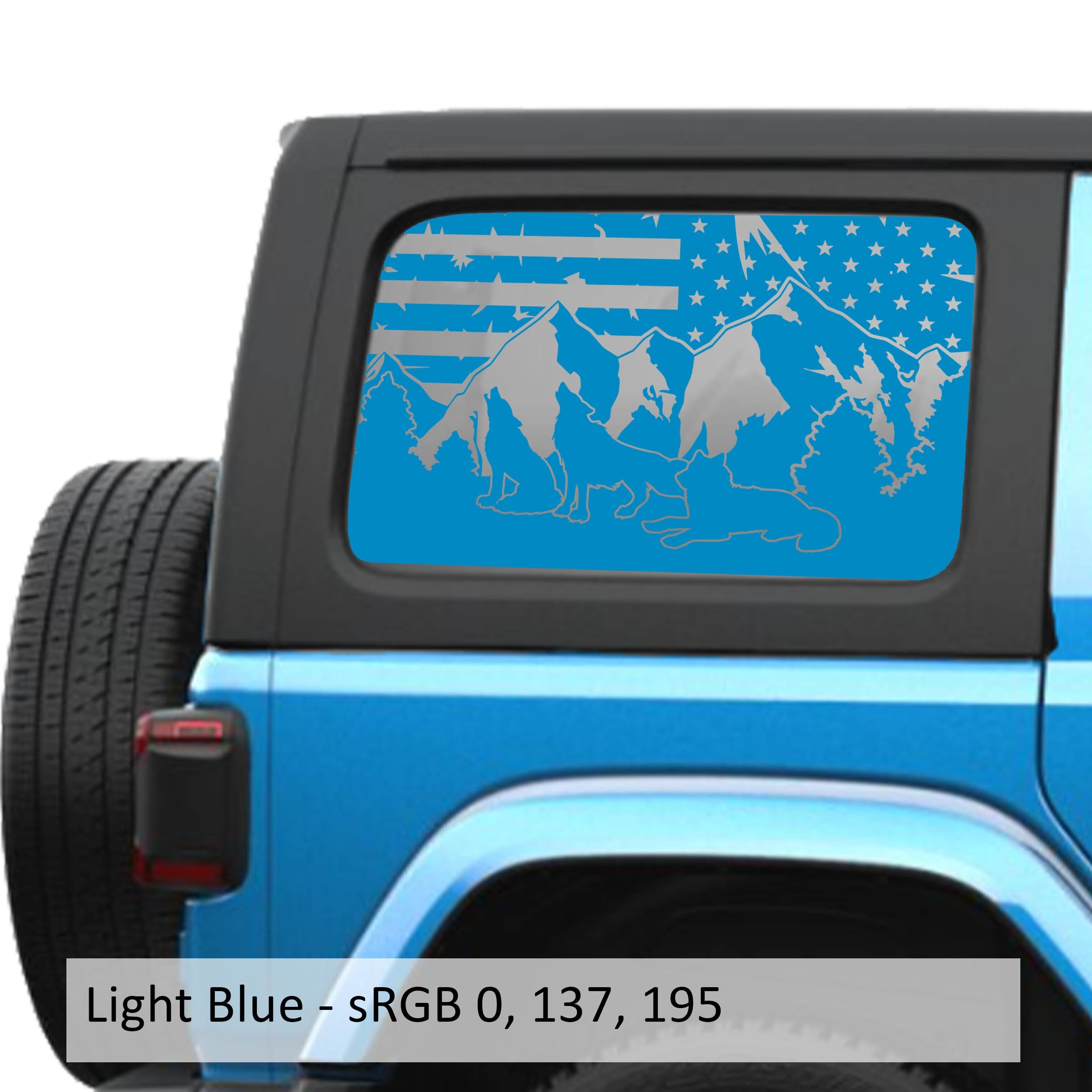 Light Blue Wolf Mountain American flag decal preview on JLU window Jeep Wrangler 2018+