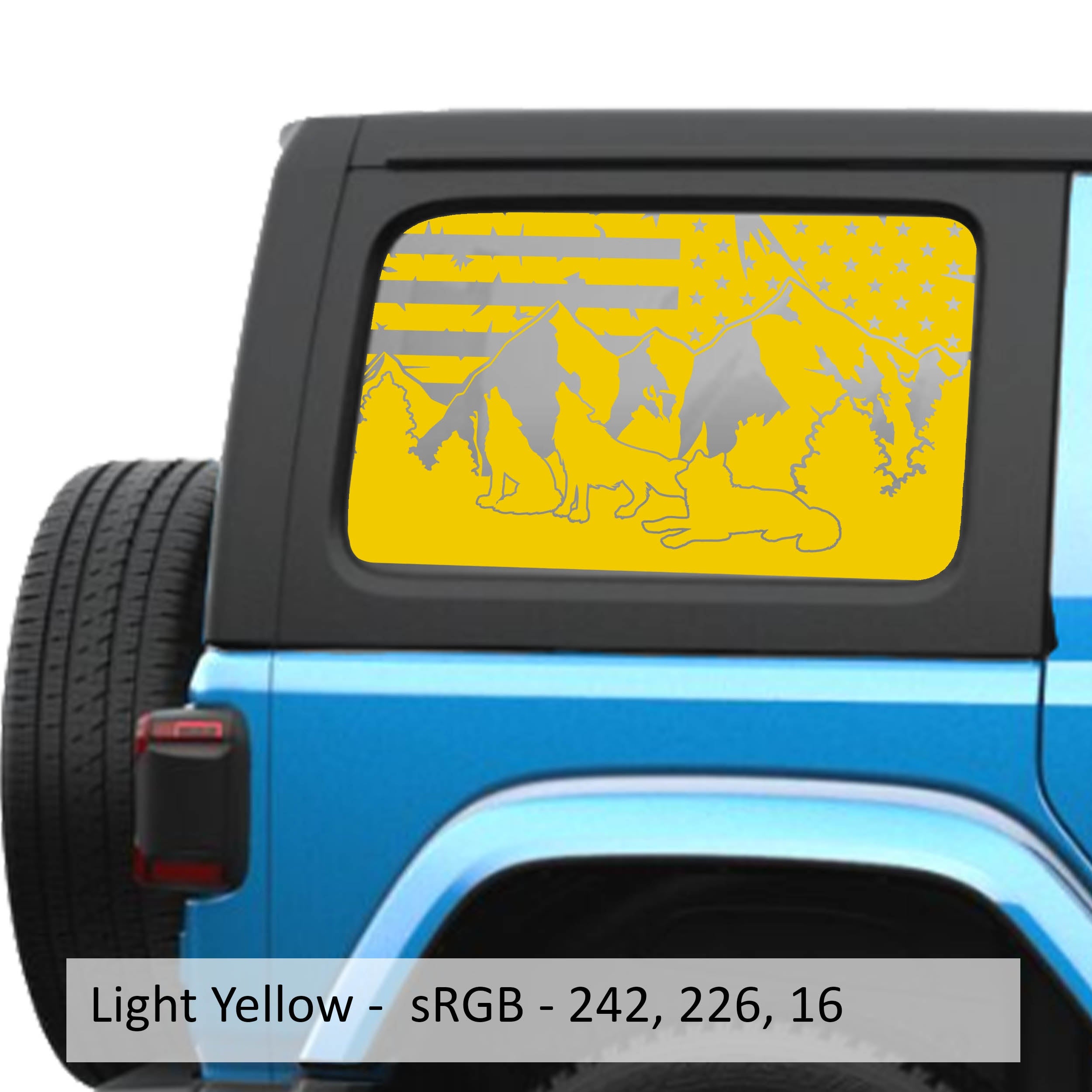 Light Yellow Wolf Mountain American flag decal preview on JLU window Jeep Wrangler 2018+