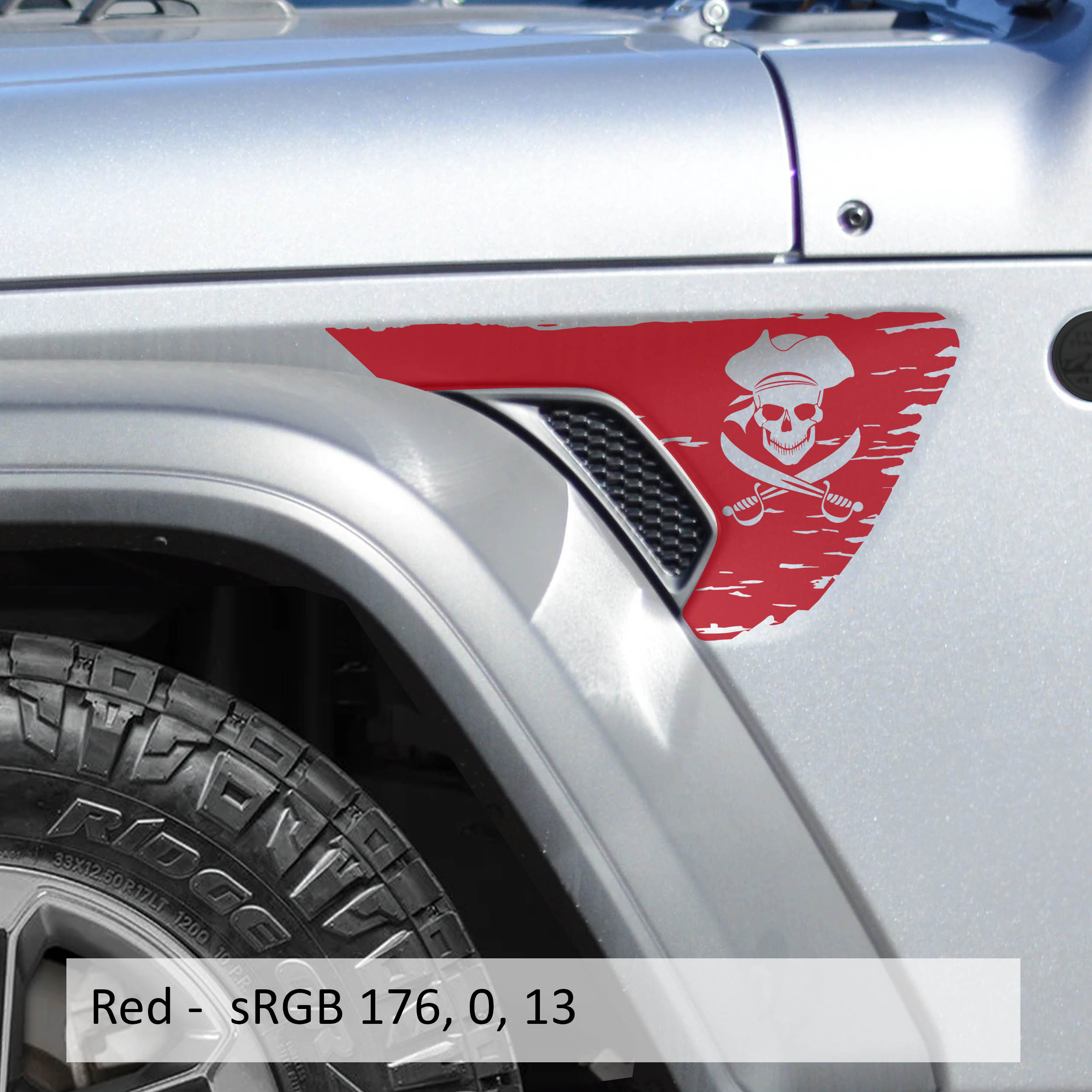 Red Jolly Roger pirate flag fender vent vinyl decal mounted on Jeep Wrangler billet vent