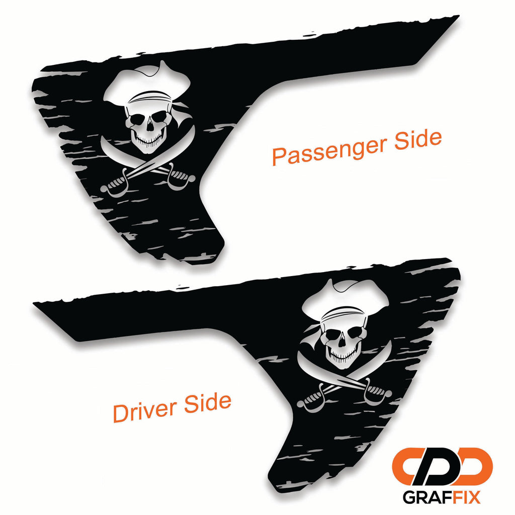 Silver Jolly Roger pirate flag fender vent vinyl transfer decal on Jeep Wrangler vent