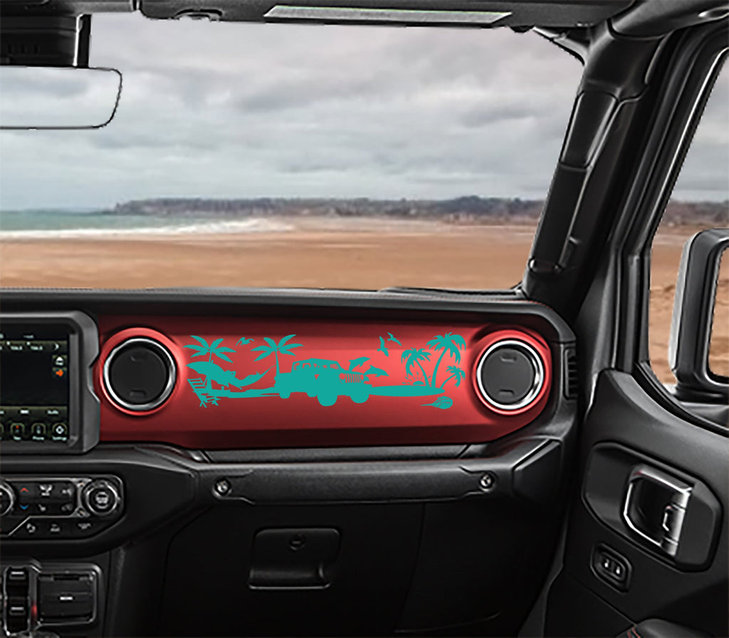Aqua blue JT Gladiator beach scene dashboard transfer on red Jeep JL dash with palms and surf van