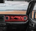 Black JT Gladiator beach scene dashboard transfer on red Jeep Wrangler JL dash with palms and surf van