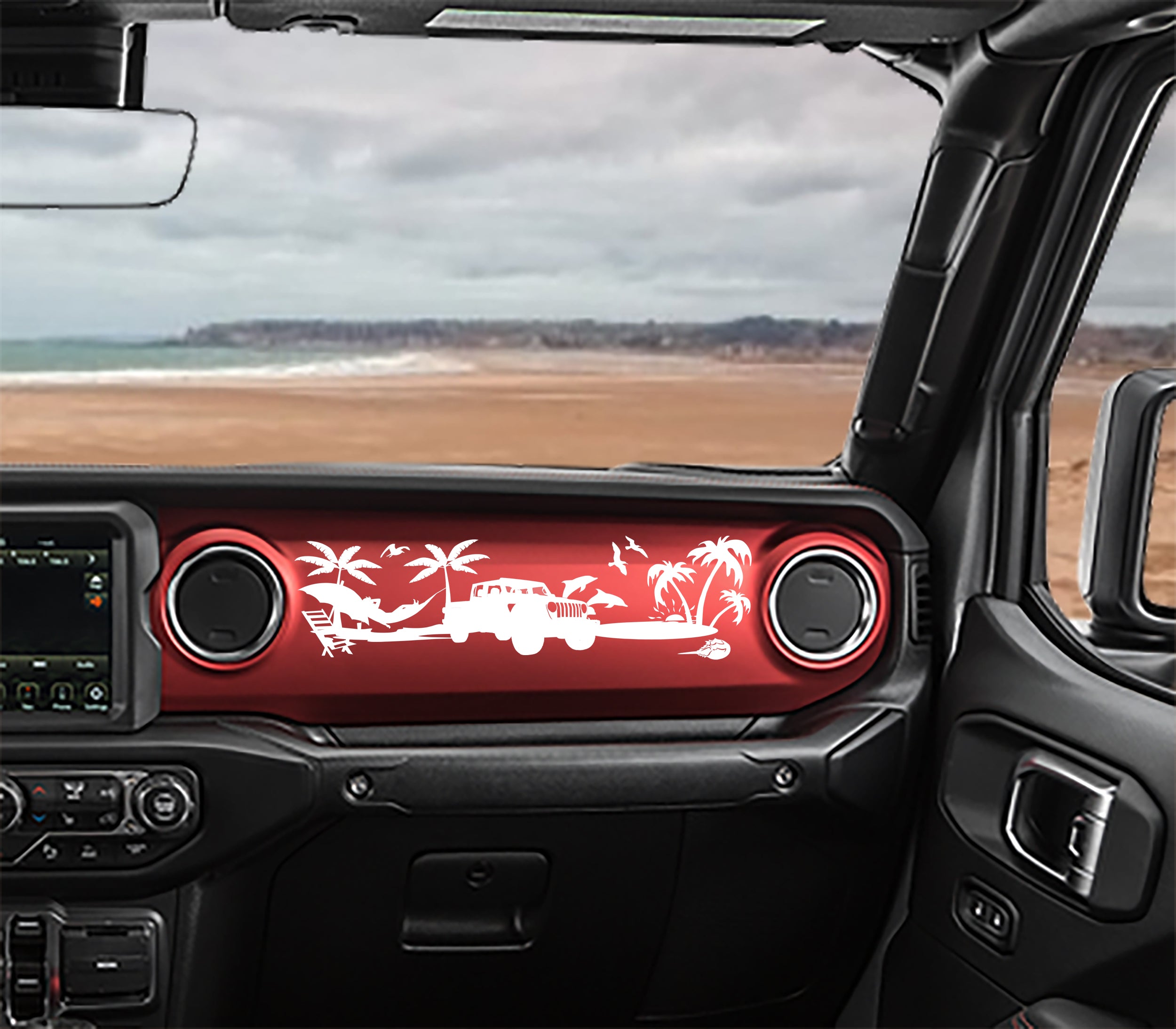 White JT Gladiator beach scene dashboard transfer on red Jeep Wrangler JL dash with palms and surf van