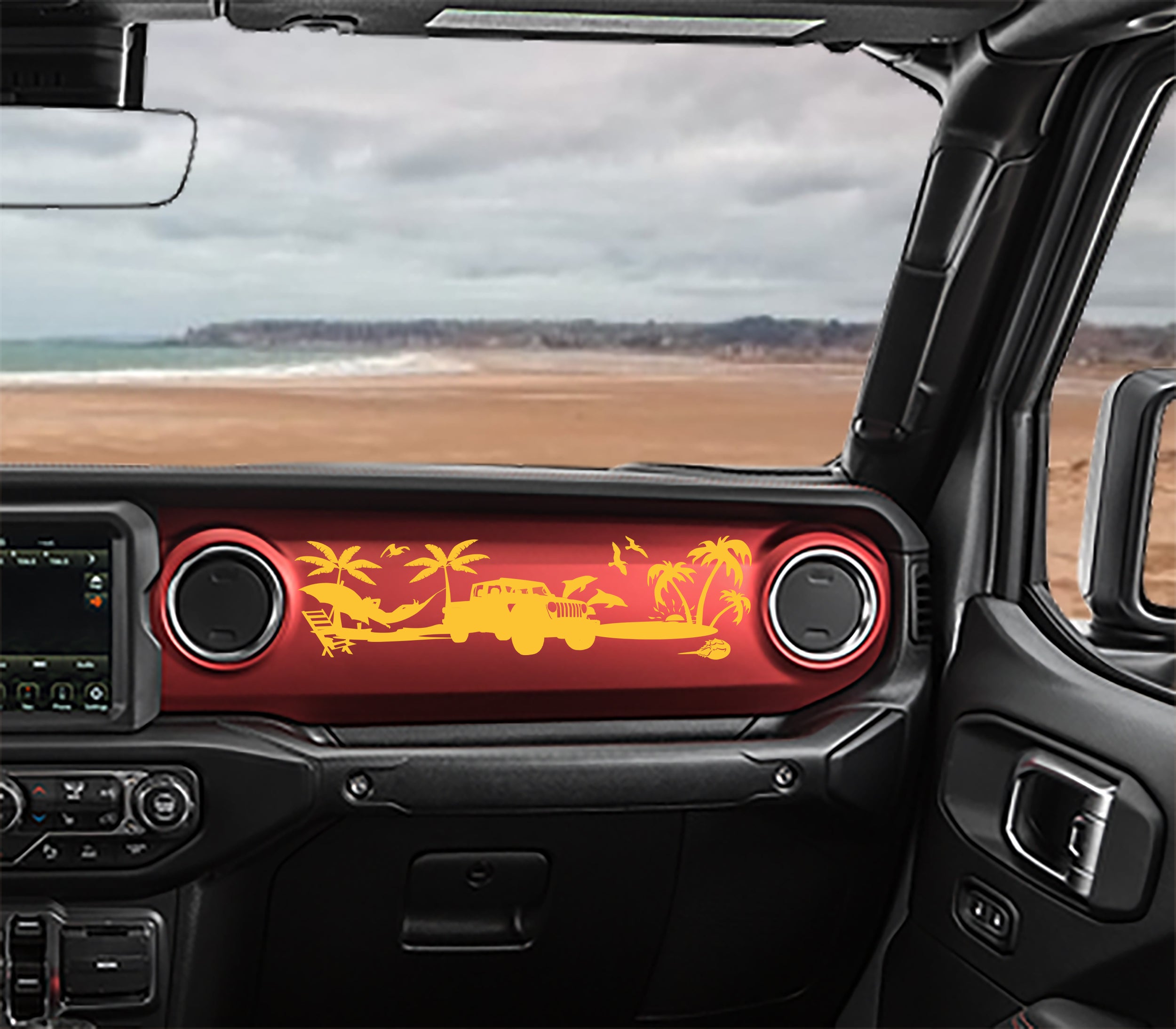Yellow JT Gladiator beach scene dashboard transfer on red Jeep JL dash with palms and surf van