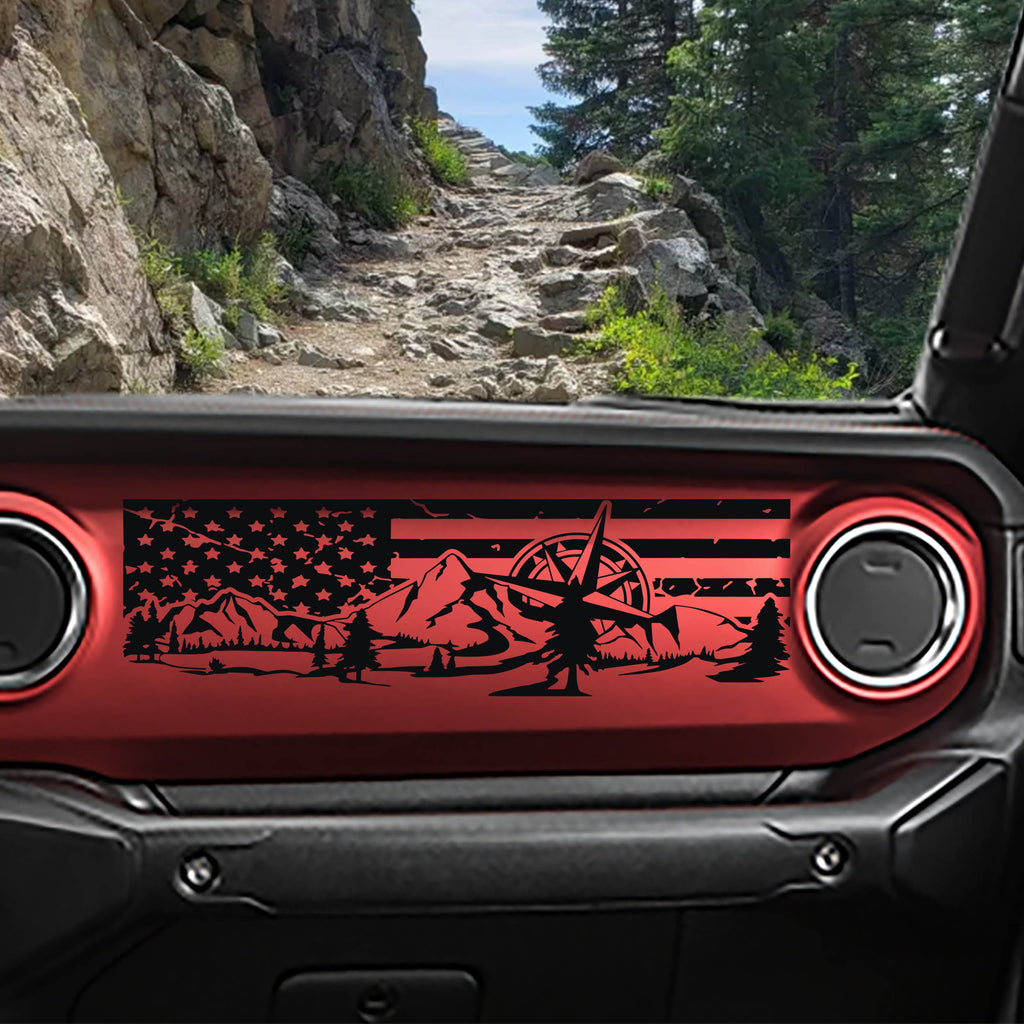 Black mountain compass tattered American flag dashboard vinyl transfer decal on JL JT 2018 2024