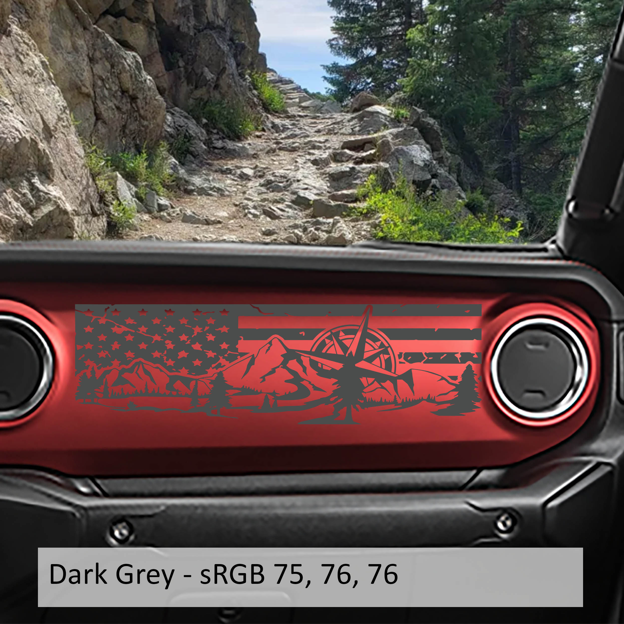 Dark grey mountain compass tattered American flag dashboard vinyl decal on Jeep Wrangler JL JT