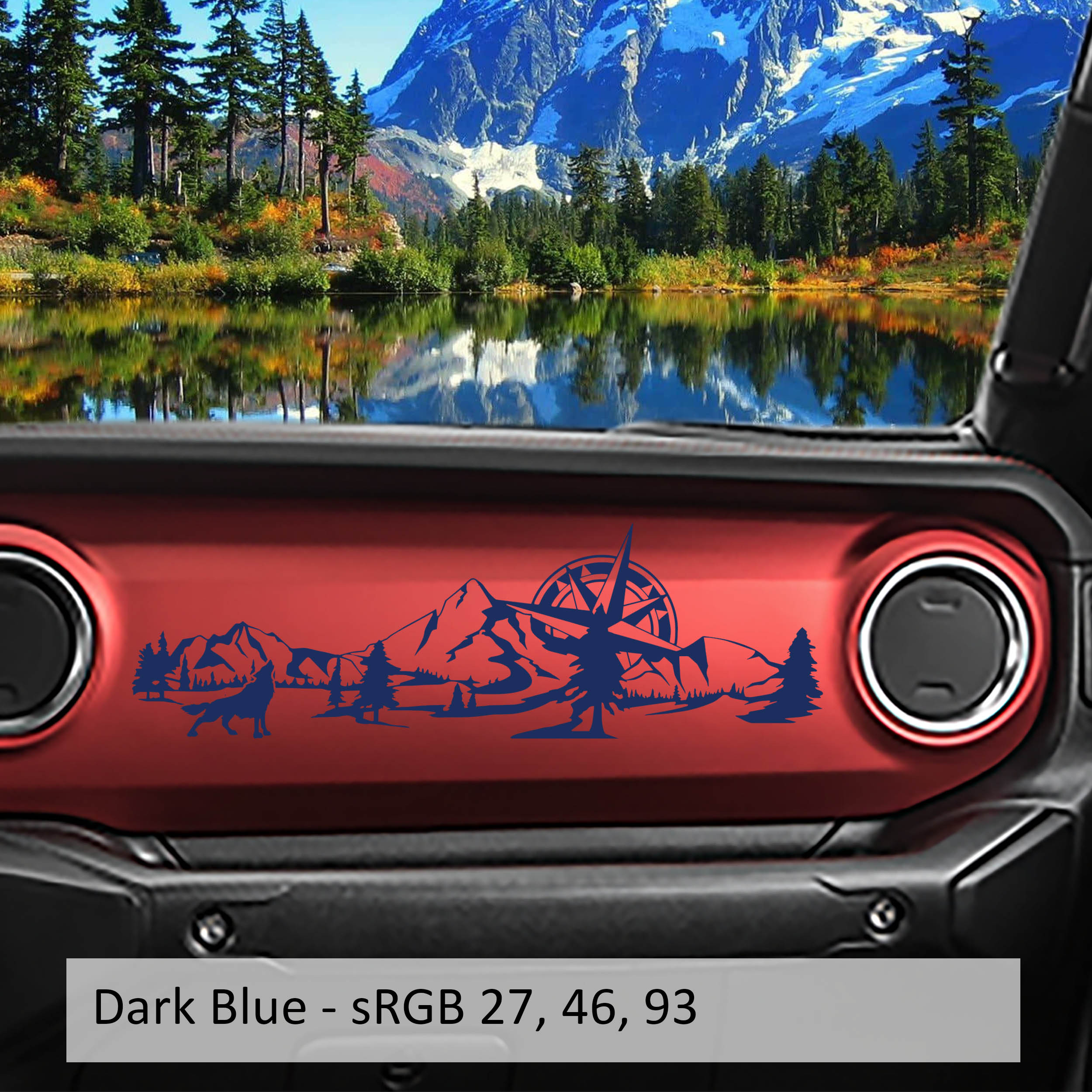 Wolf mountain compass scene dashboard decal in dark blue on red Jeep JL dash with color swatch