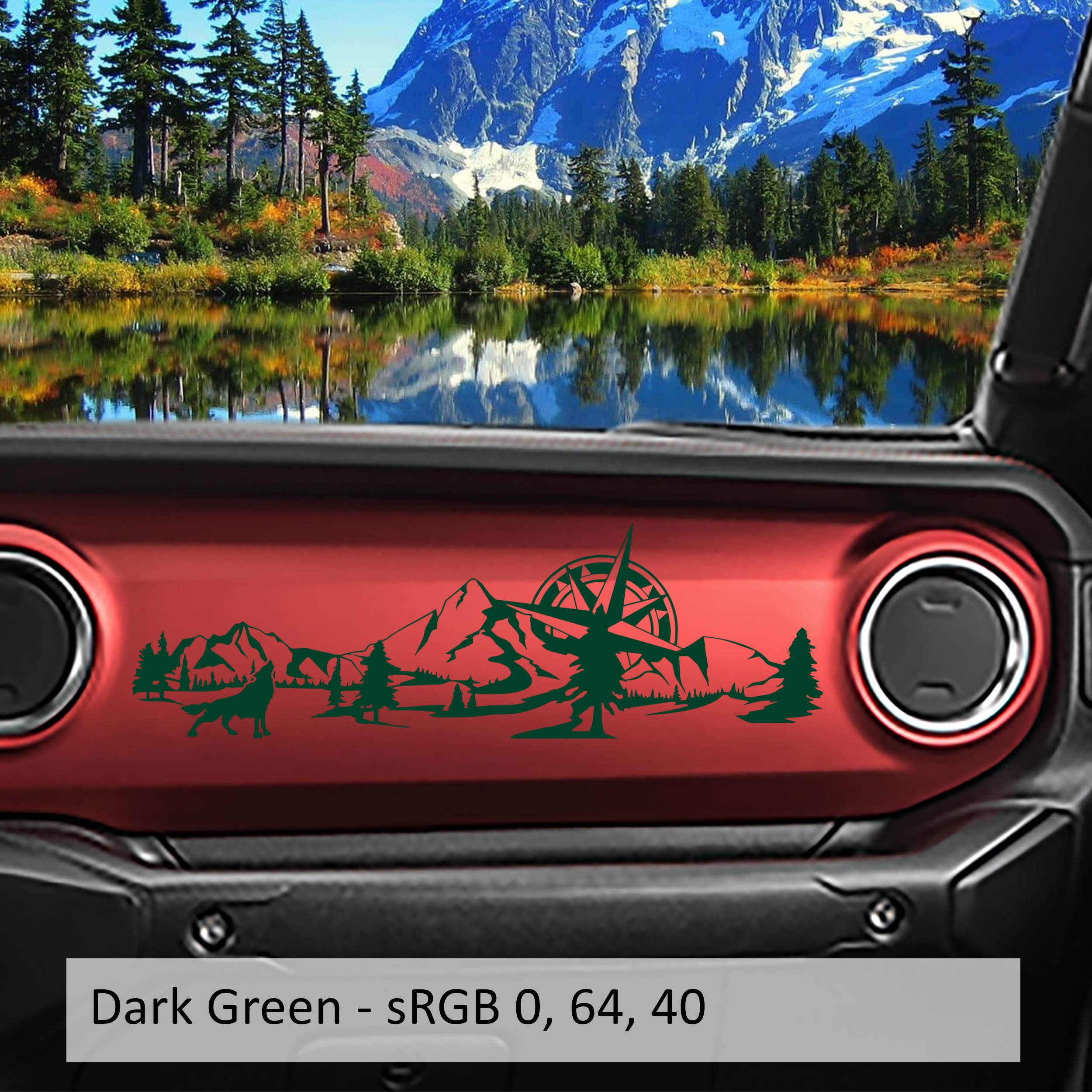 Wolf mountain compass scene dashboard decal in dark green on red Jeep JL dash with color swatch