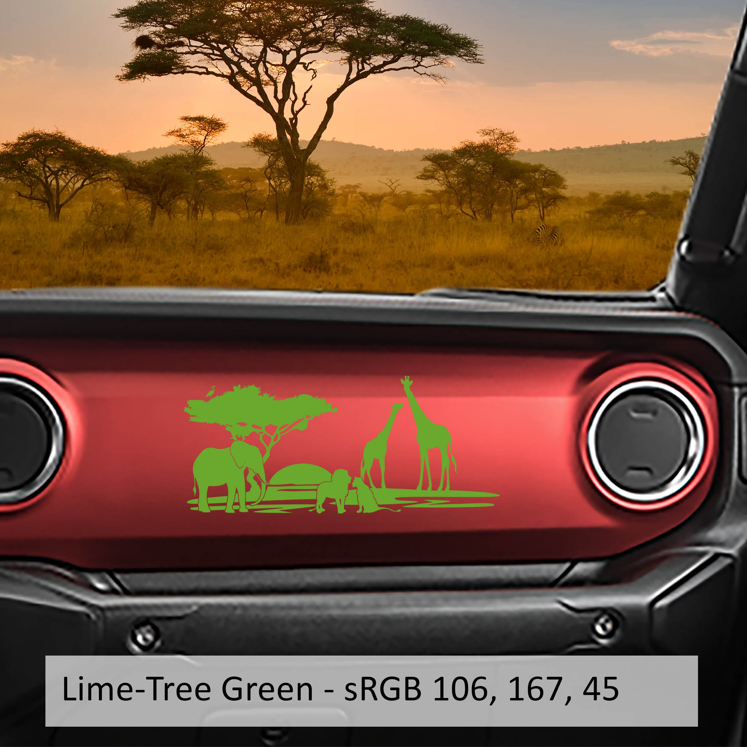 Lime green safari animals scene dashboard transfer decal close-up on red Jeep Wrangler JL dash panel