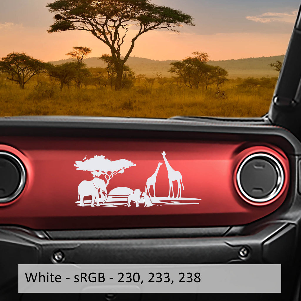 White safari animals scene dashboard transfer decal close-up on red Jeep Wrangler JL dash panel