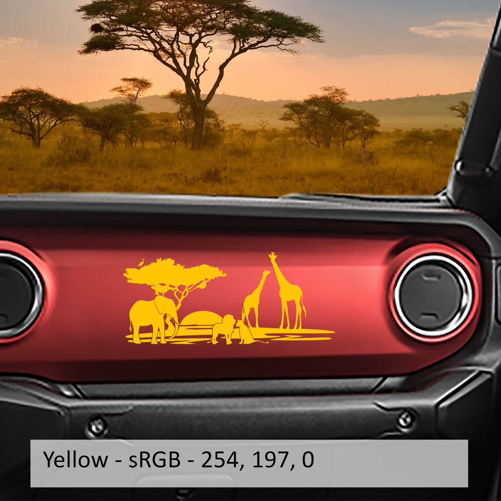 Yellow safari animals scene dashboard transfer decal close-up on red Jeep Wrangler JL dash panel