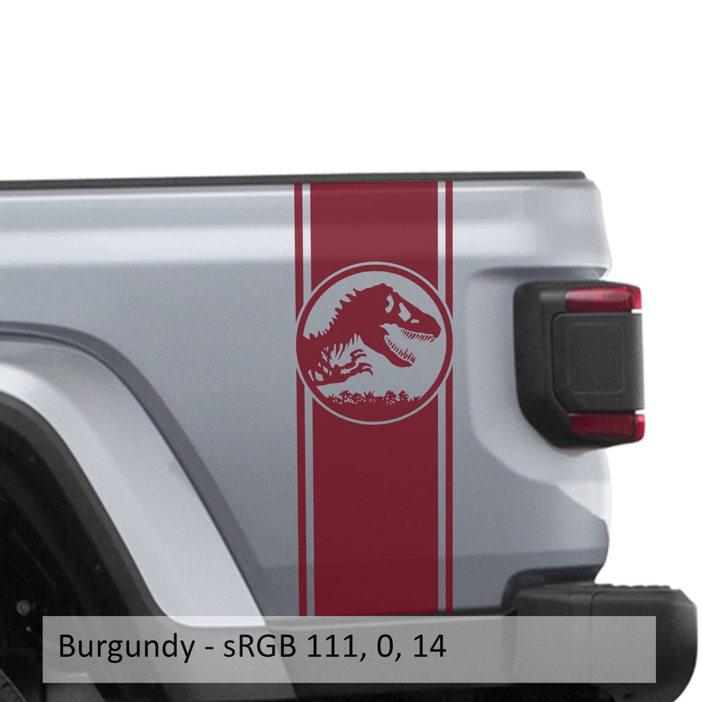 Burgundy Jurassic dinosaur skeleton bedside stripe decal pair on Jeep Wrangler JL pickup bed