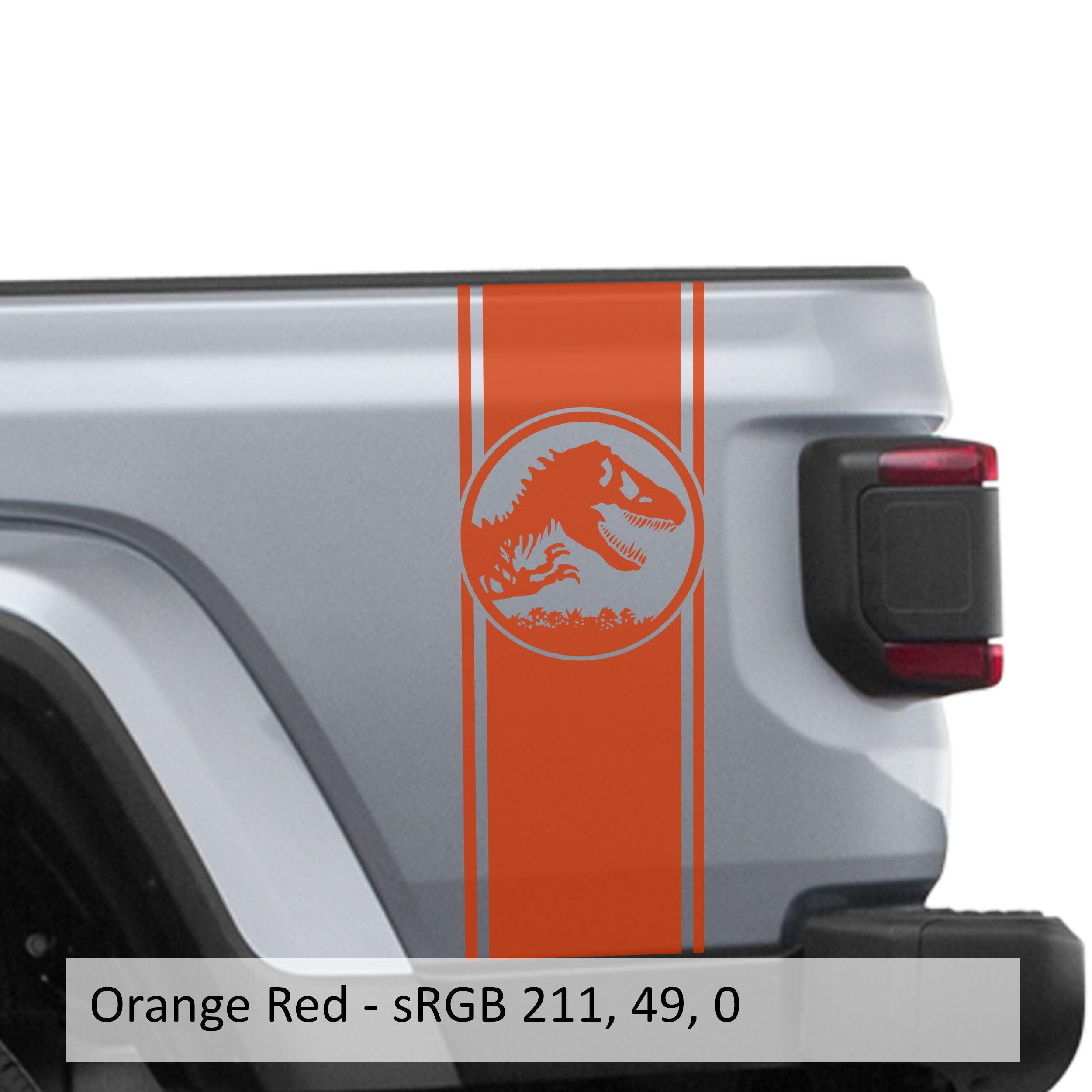 Orange-red Jurassic dinosaur skeleton bedside stripe decal on Jeep Wrangler JL pickup bed