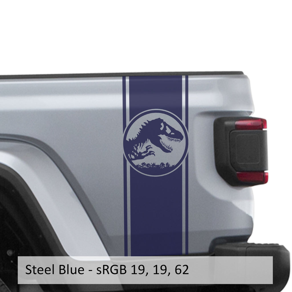 Steel blue Jurassic dinosaur skeleton bedside stripe decal on Jeep Wrangler JL pickup bed