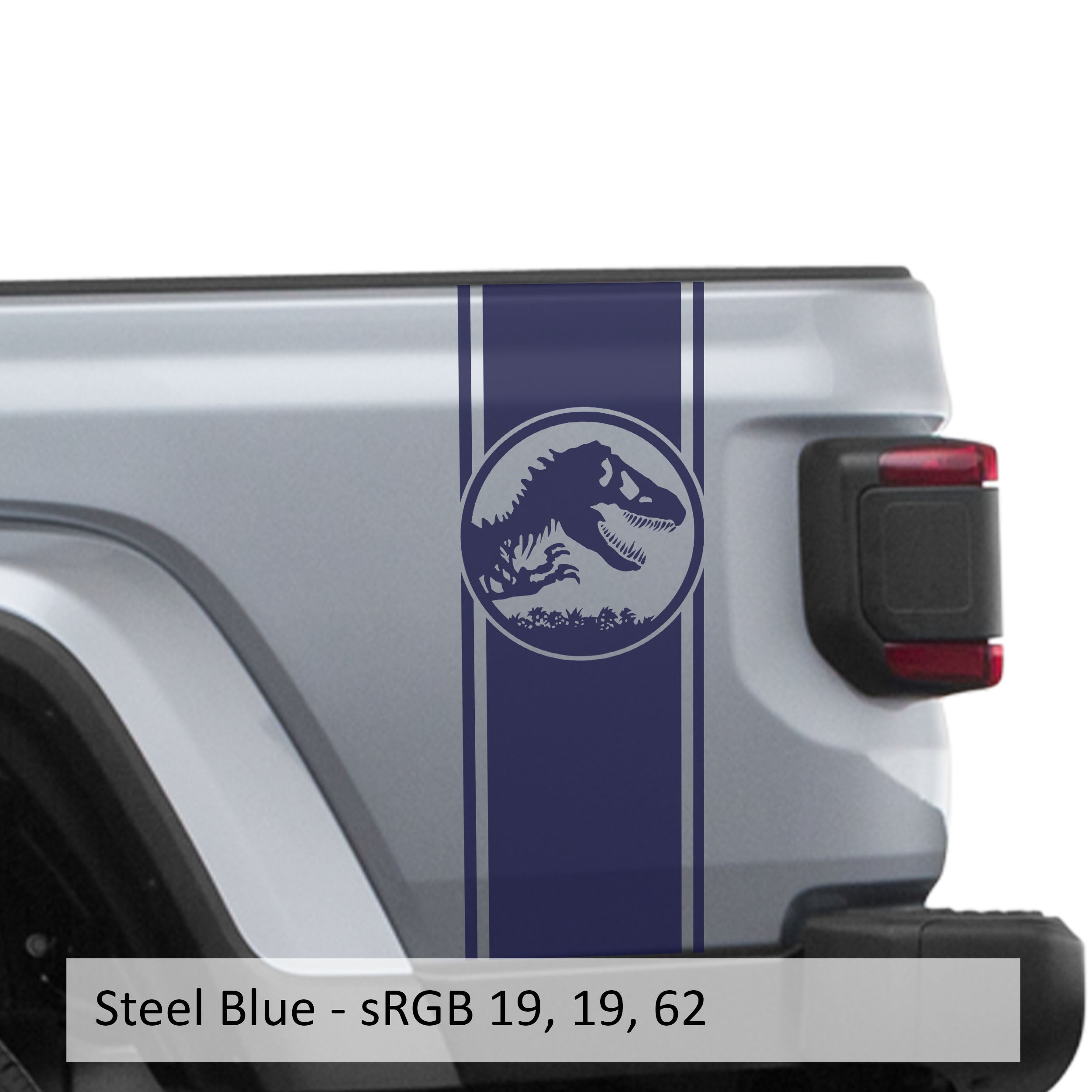 Steel blue Jurassic dinosaur skeleton bedside stripe decal on Jeep Wrangler JL pickup bed