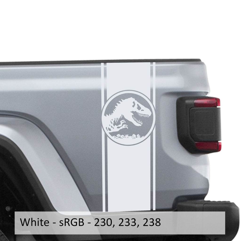 White Jurassic dinosaur skeleton bedside stripe decal pair on Jeep Wrangler JL pickup bed
