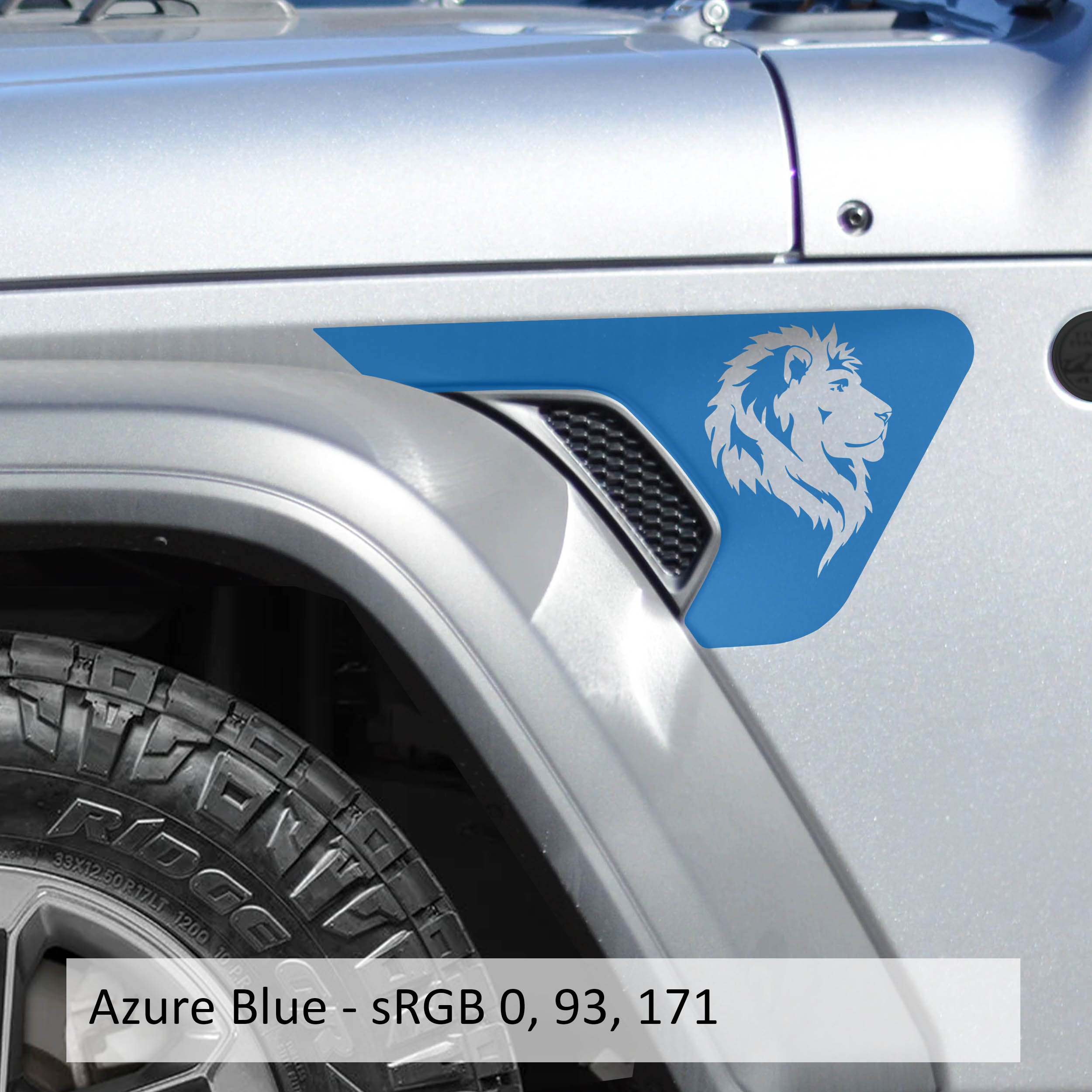 Azure blue Leo the Lion head decal applied to Jeep billet aluminum fender vent insert