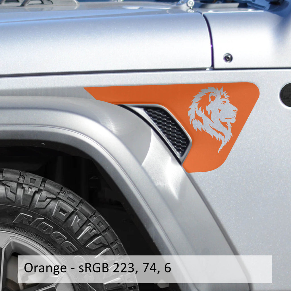 Orange Leo the Lion head decal applied to Jeep billet aluminum fender vent insert