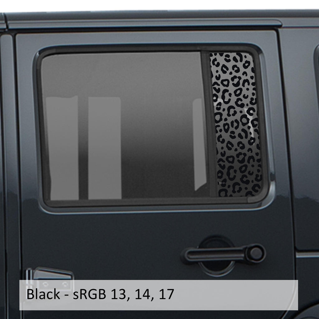 Black leopard print side window decal set for Jeep Wrangler JKU 2007 to 2018 four-door