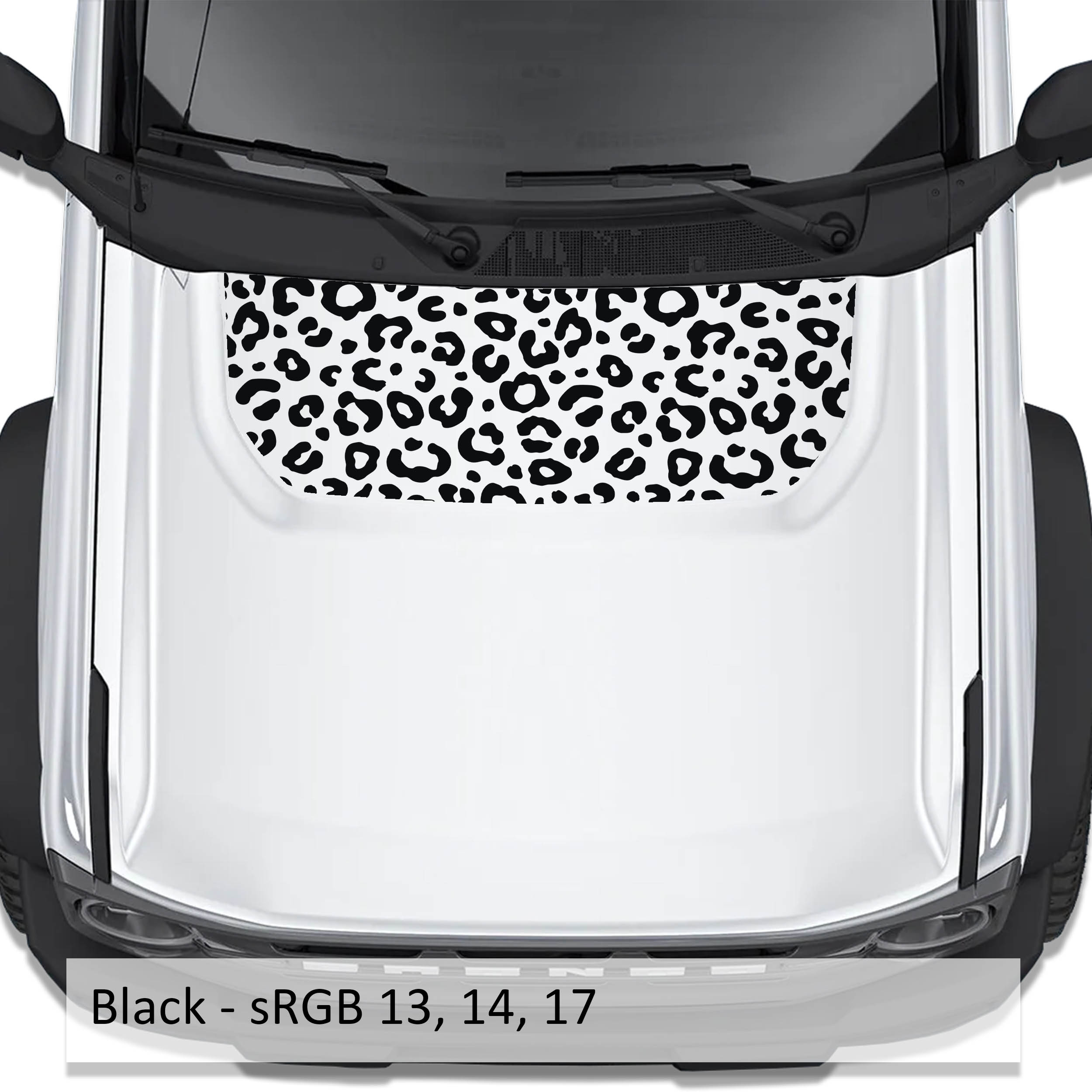 Leopard Print blackout hood vinyl decal in black shown installed on the hood of a 2021+ Ford Bronco