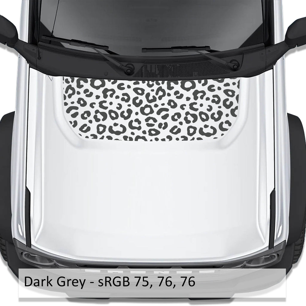 Leopard Print blackout hood vinyl decal in dark gray shown installed on the hood of a 2021+ Ford Bronco