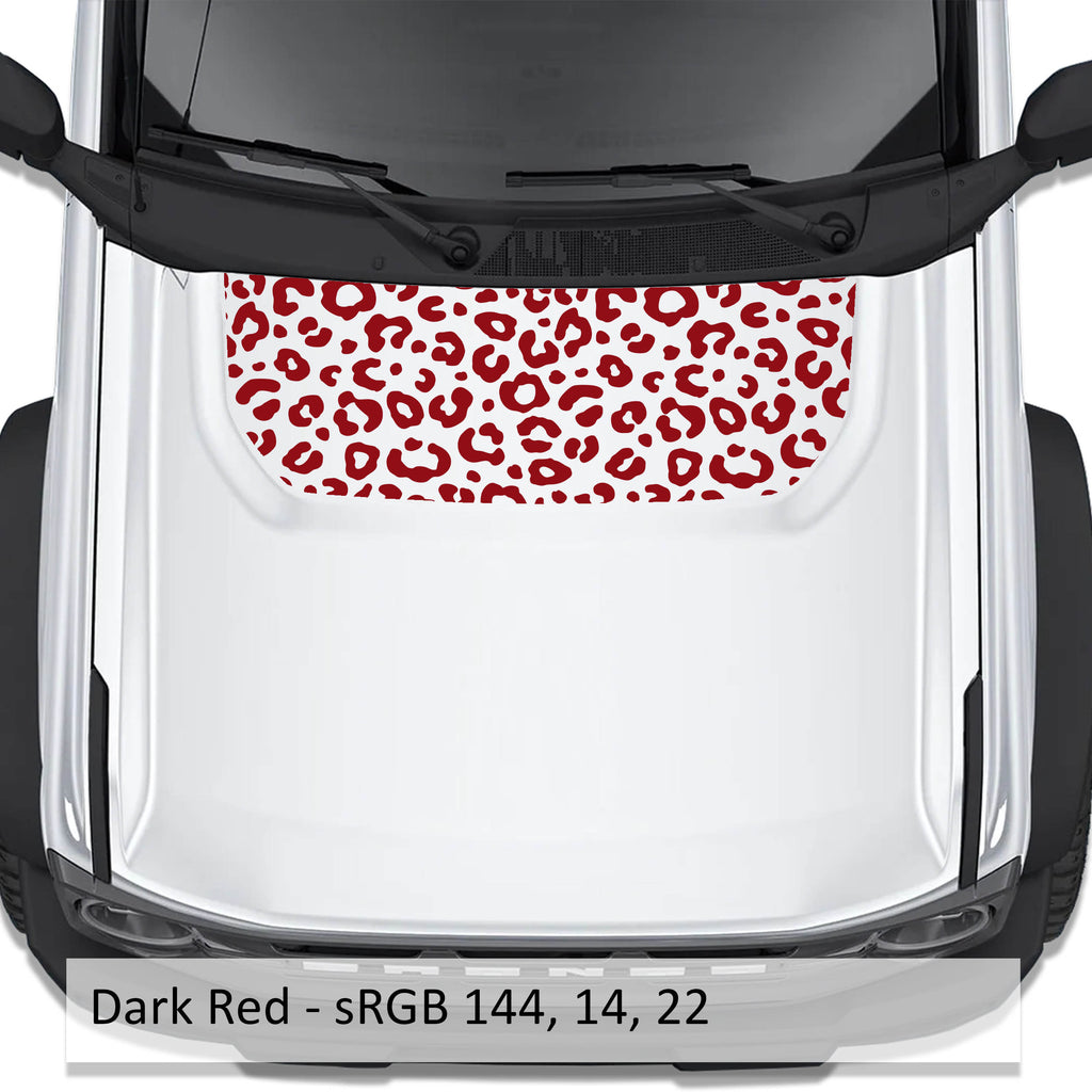 Leopard Print blackout hood vinyl decal in dark red shown installed on the hood of a 2021+ Ford Bronco