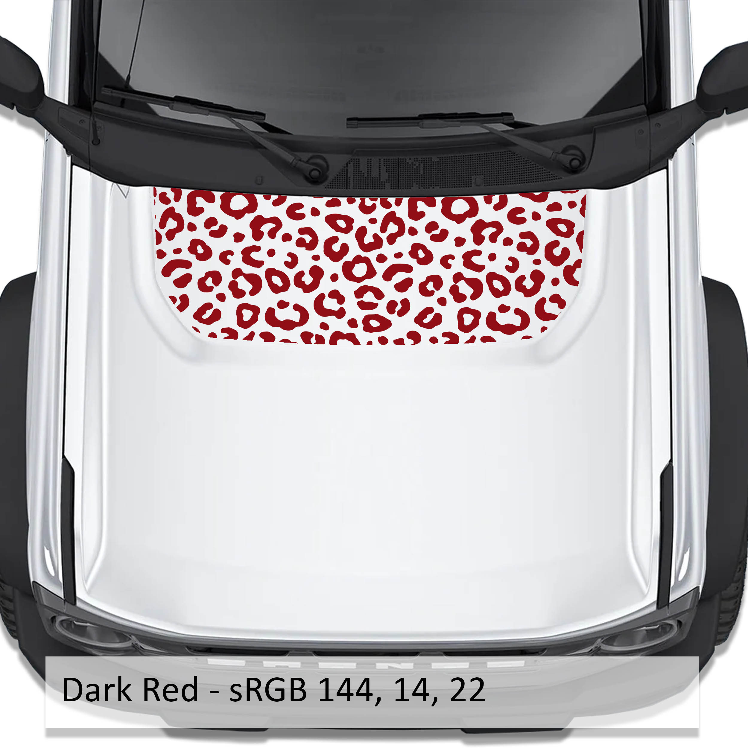 Leopard Print blackout hood vinyl decal in dark red shown installed on the hood of a 2021+ Ford Bronco