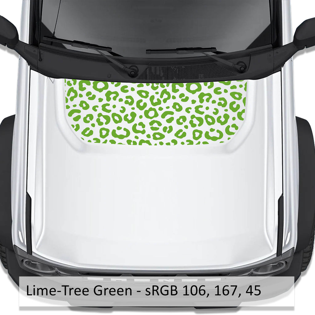 Leopard Print blackout hood vinyl decal in lime green shown installed on the hood of a 2021+ Ford Bronco