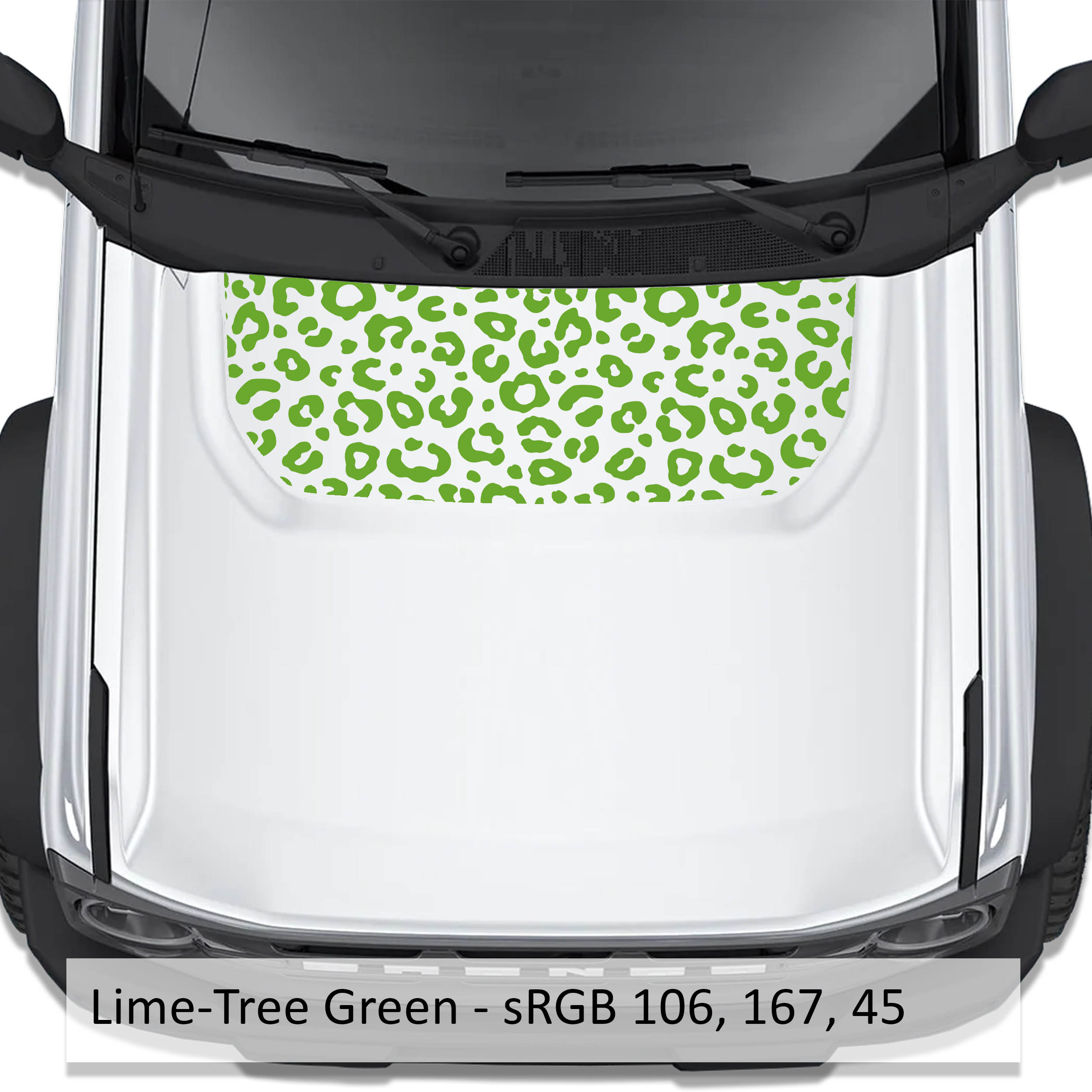 Leopard Print blackout hood vinyl decal in lime green shown installed on the hood of a 2021+ Ford Bronco