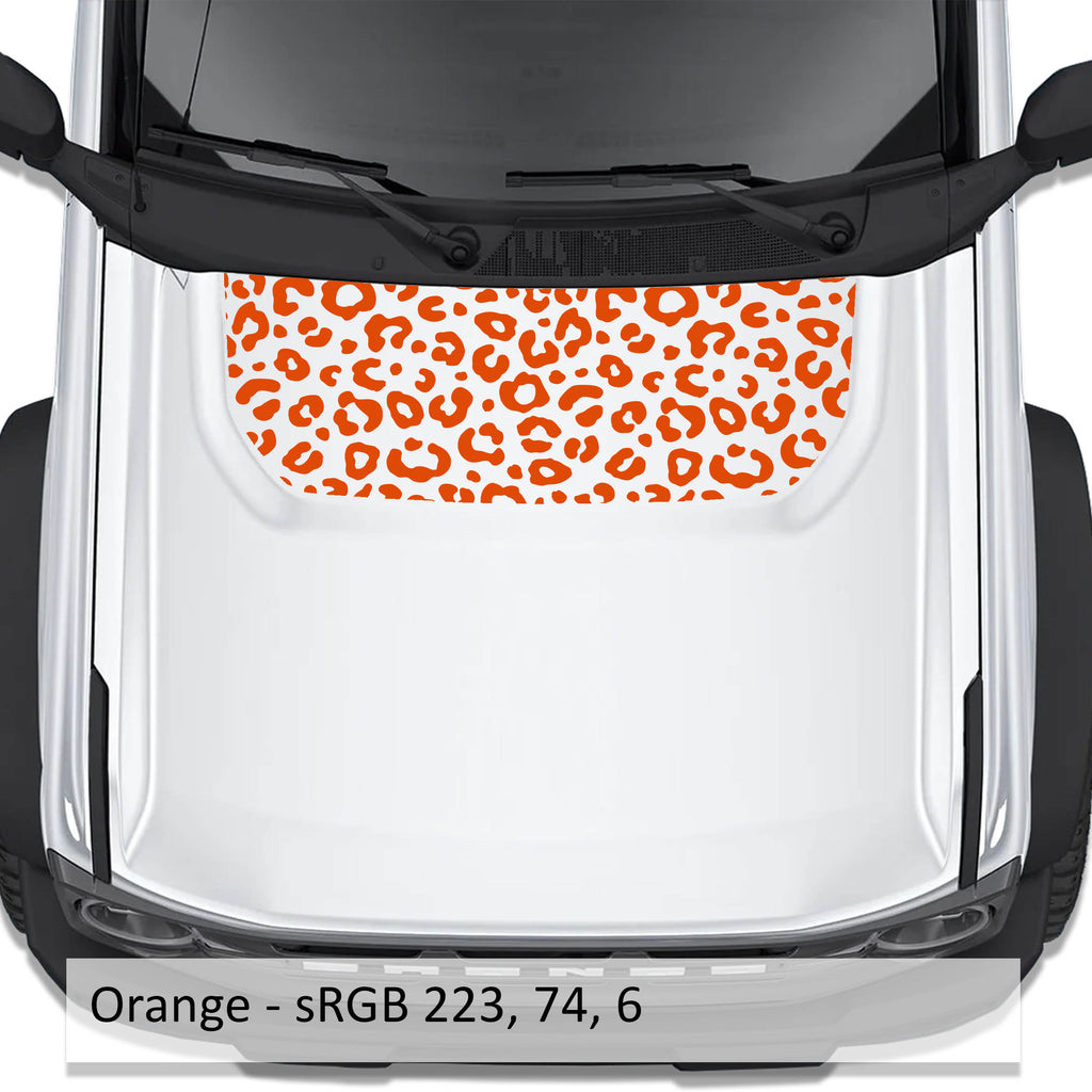 Leopard Print blackout hood vinyl decal in orange shown installed on the hood of a 2021+ Ford Bronco