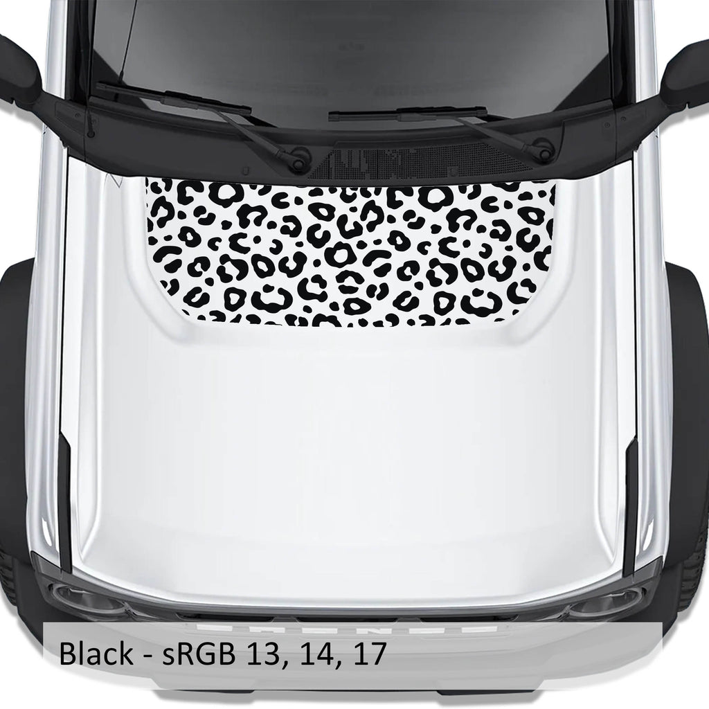 Leopard Print blackout hood vinyl decal shown installed on the hood of a 2021+ Ford Bronco SUV