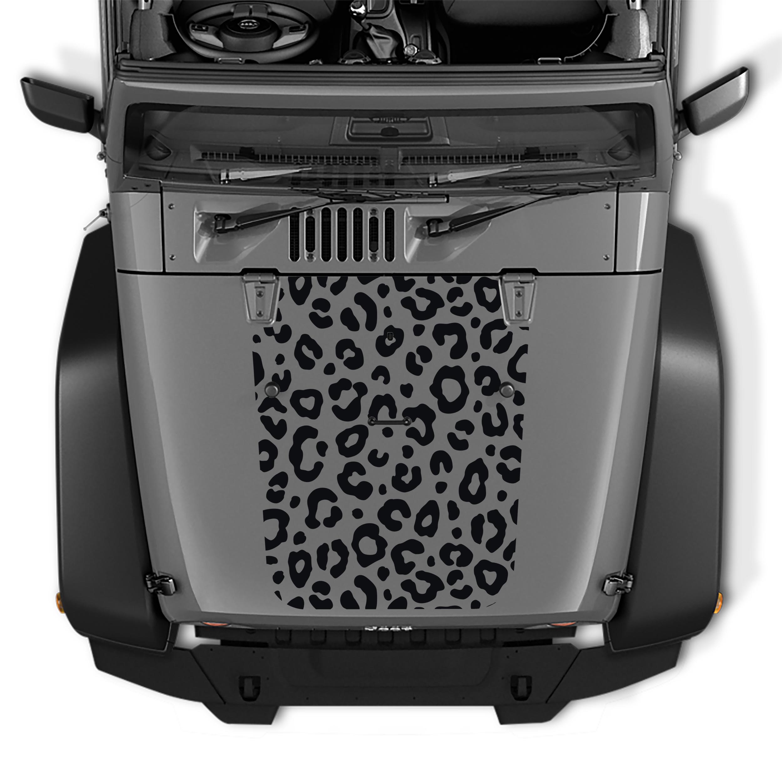 Black leopard print blackout hood decal on silver Jeep Wrangler JK/JKU 2007-2017 spotted graphic