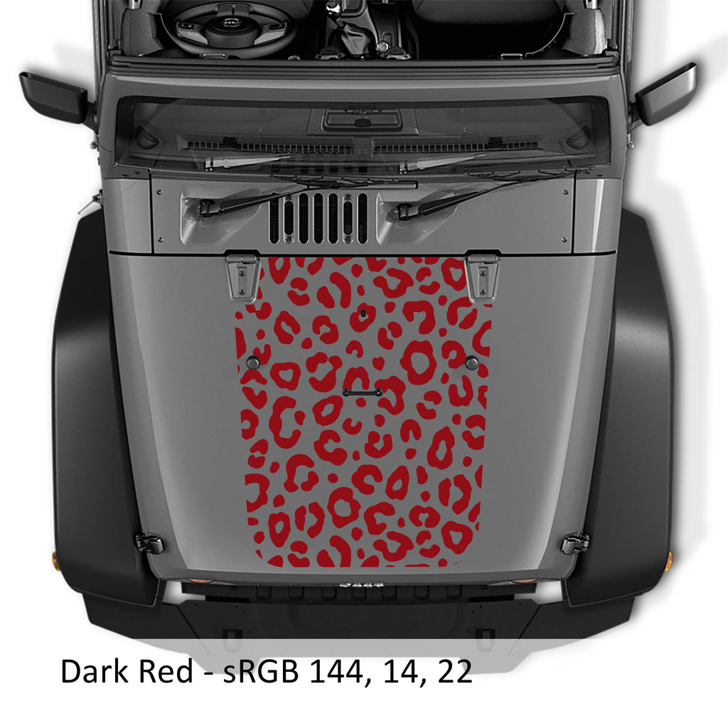 Dark red leopard print blackout hood decal applied to silver Jeep Wrangler JK/JKU 2007-2017