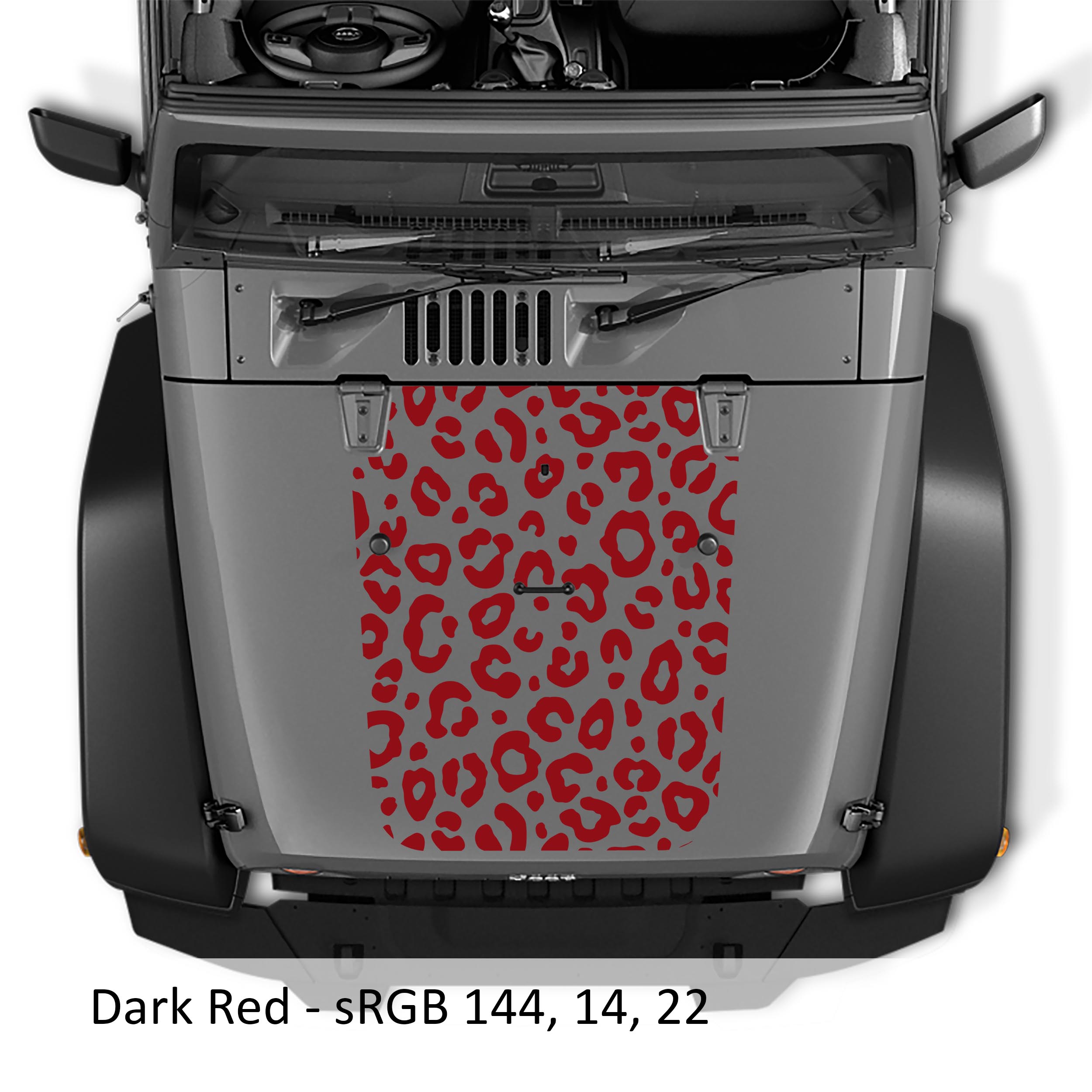 Dark red leopard print blackout hood decal applied to silver Jeep Wrangler JK/JKU 2007-2017