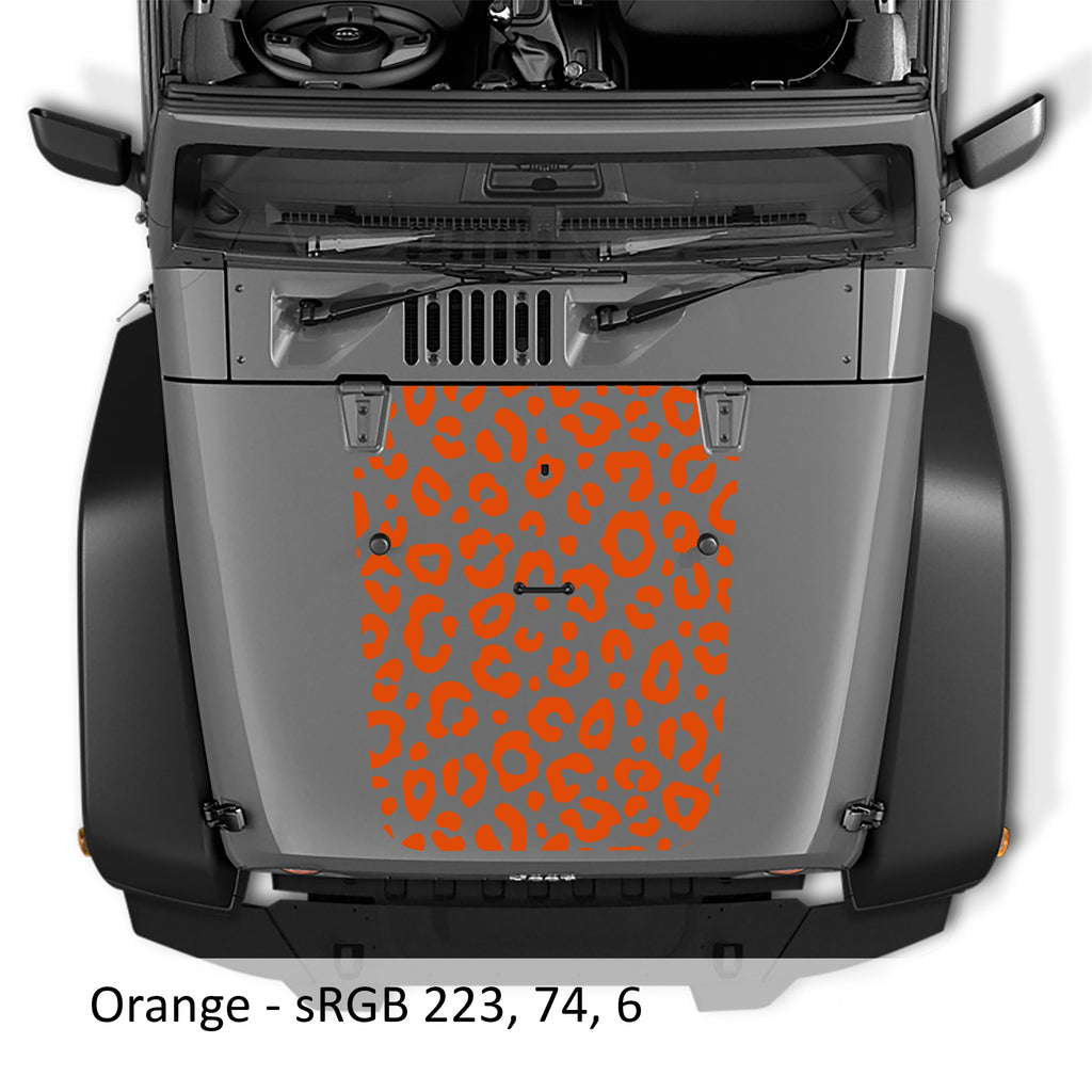 Bright orange leopard print blackout hood decal on silver Jeep Wrangler JK/JKU 2007-2017 hood