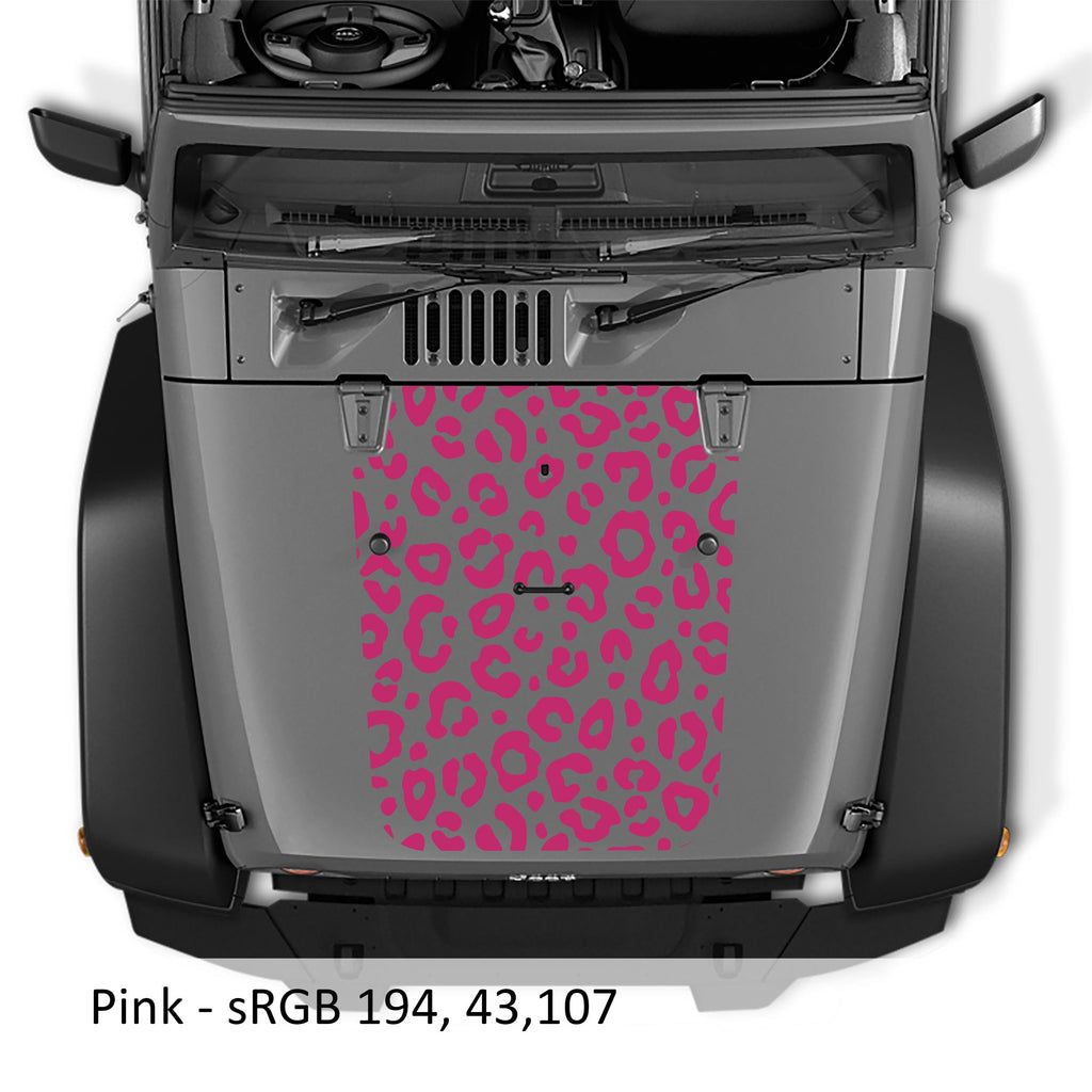 Hot pink leopard print blackout hood decal applied to silver Jeep Wrangler JK/JKU 2007-2017