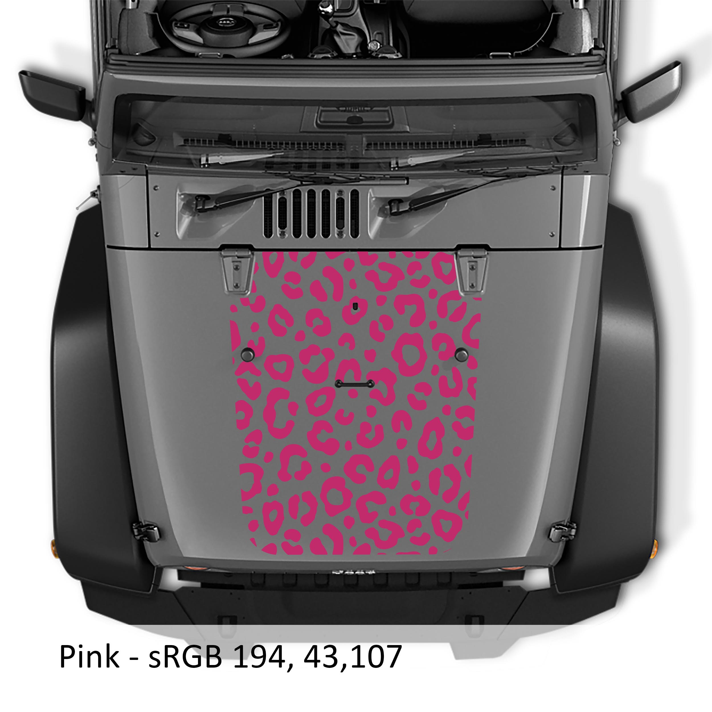 Hot pink leopard print blackout hood decal applied to silver Jeep Wrangler JK/JKU 2007-2017