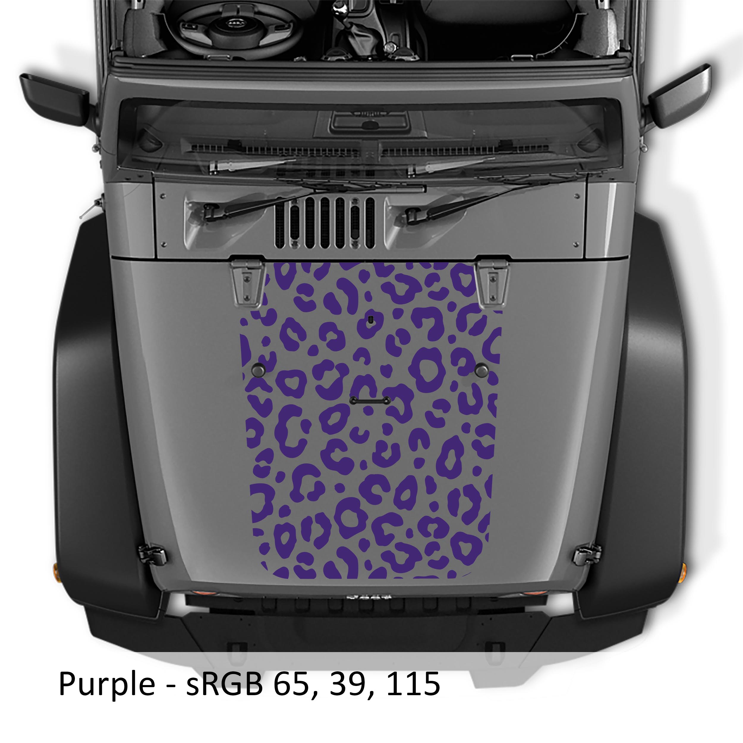 Purple leopard print blackout hood decal mounted on silver Jeep Wrangler JK/JKU 2007-2017 hood