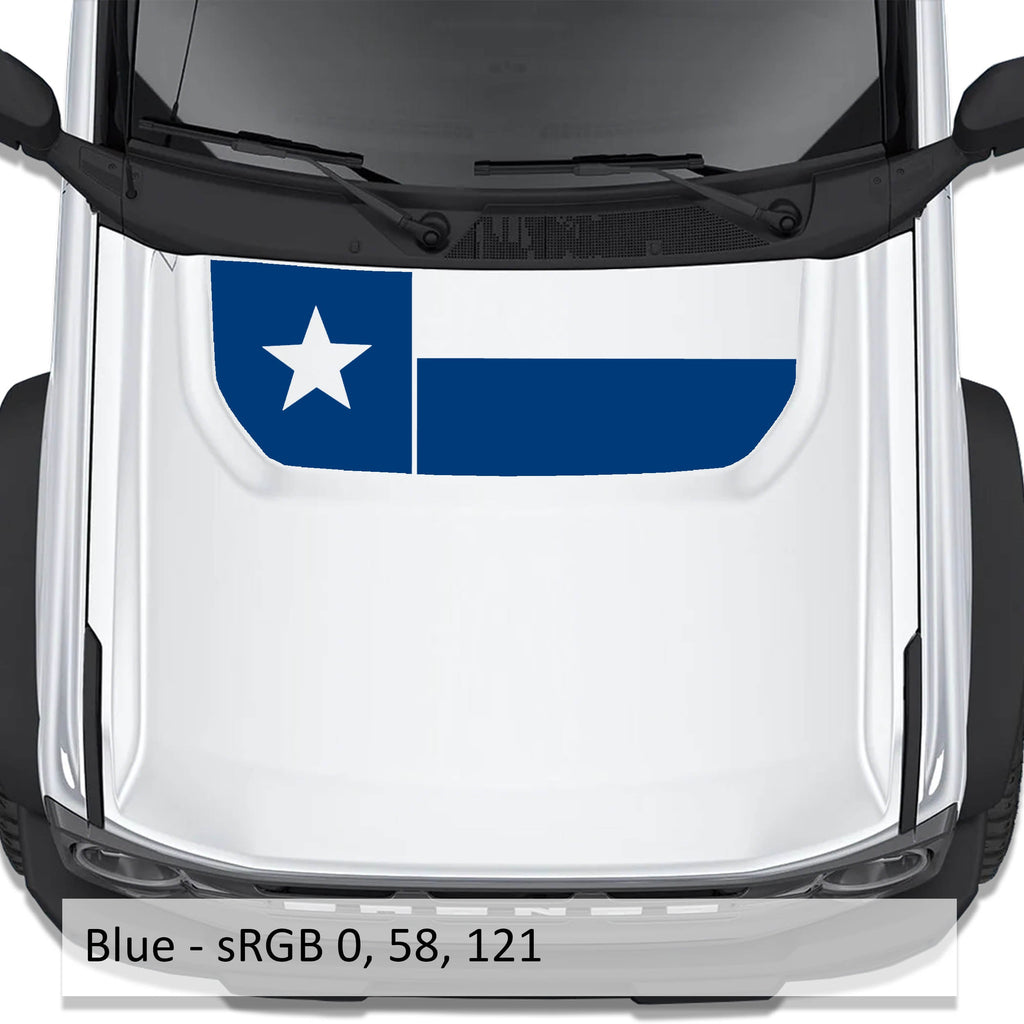 Texas Flag blackout hood vinyl decal in blue shown installed on the hood of a 2021+ Ford Bronco